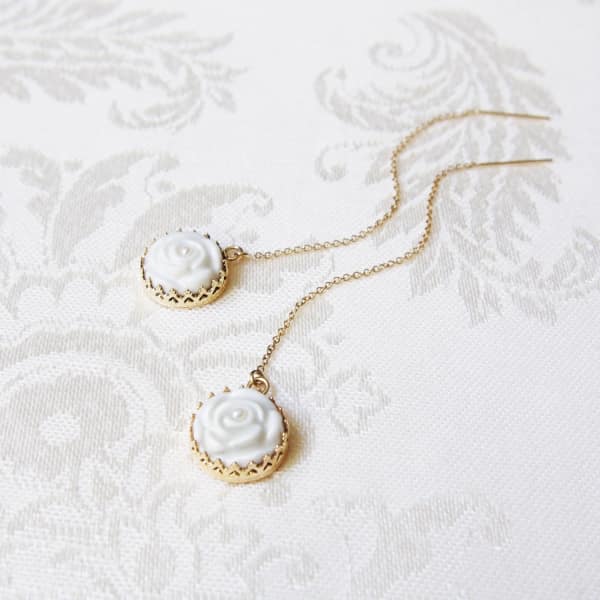 Poporcelain Porcelain Rose With Pearl Gold Filled Chain Earrings In Chain