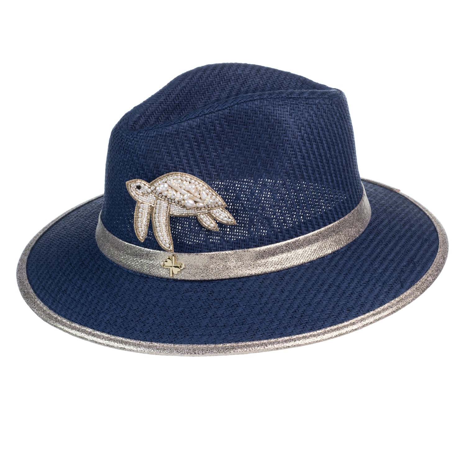 Women’s Blue Straw Woven Hat With Pearl Beaded Turtle - Navy One Size Laines London