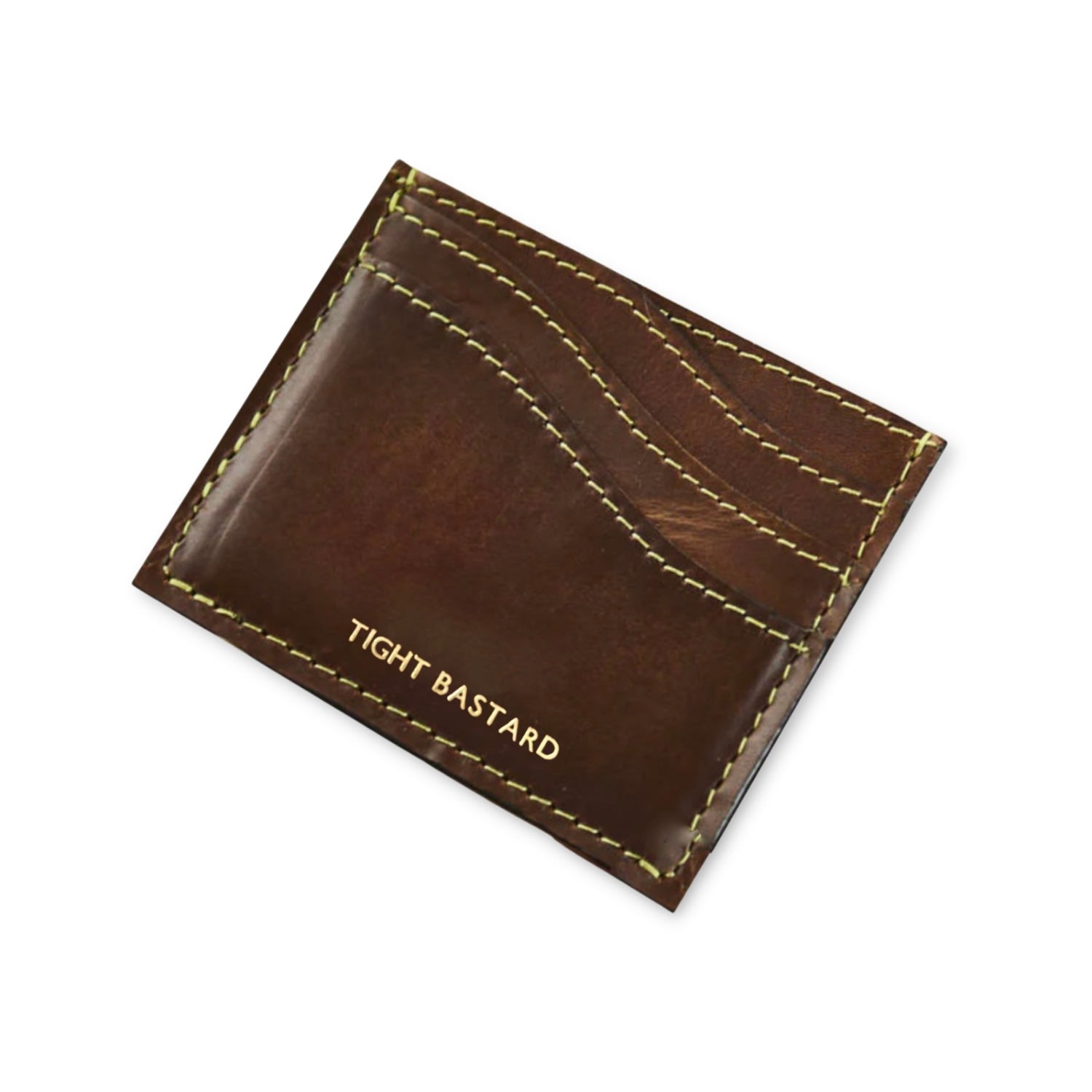 Vida Vida Men's Brown Tan Leather Wave Card Holder With Yellow Contrast Stitch- Tight Bastard