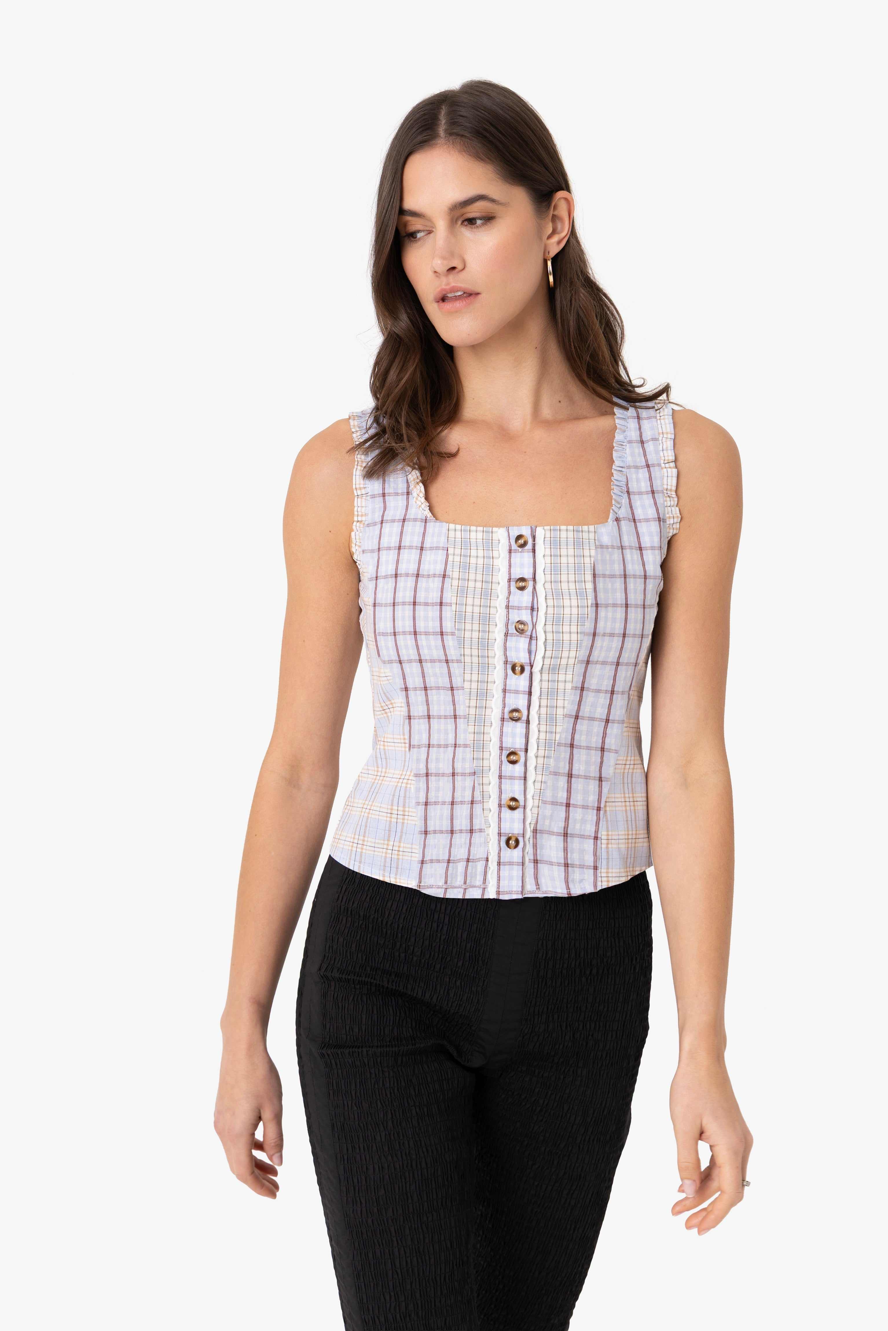 Brittany Multi Check Cotton Blend Frill Top | AMY LYNN | Wolf & Badger
