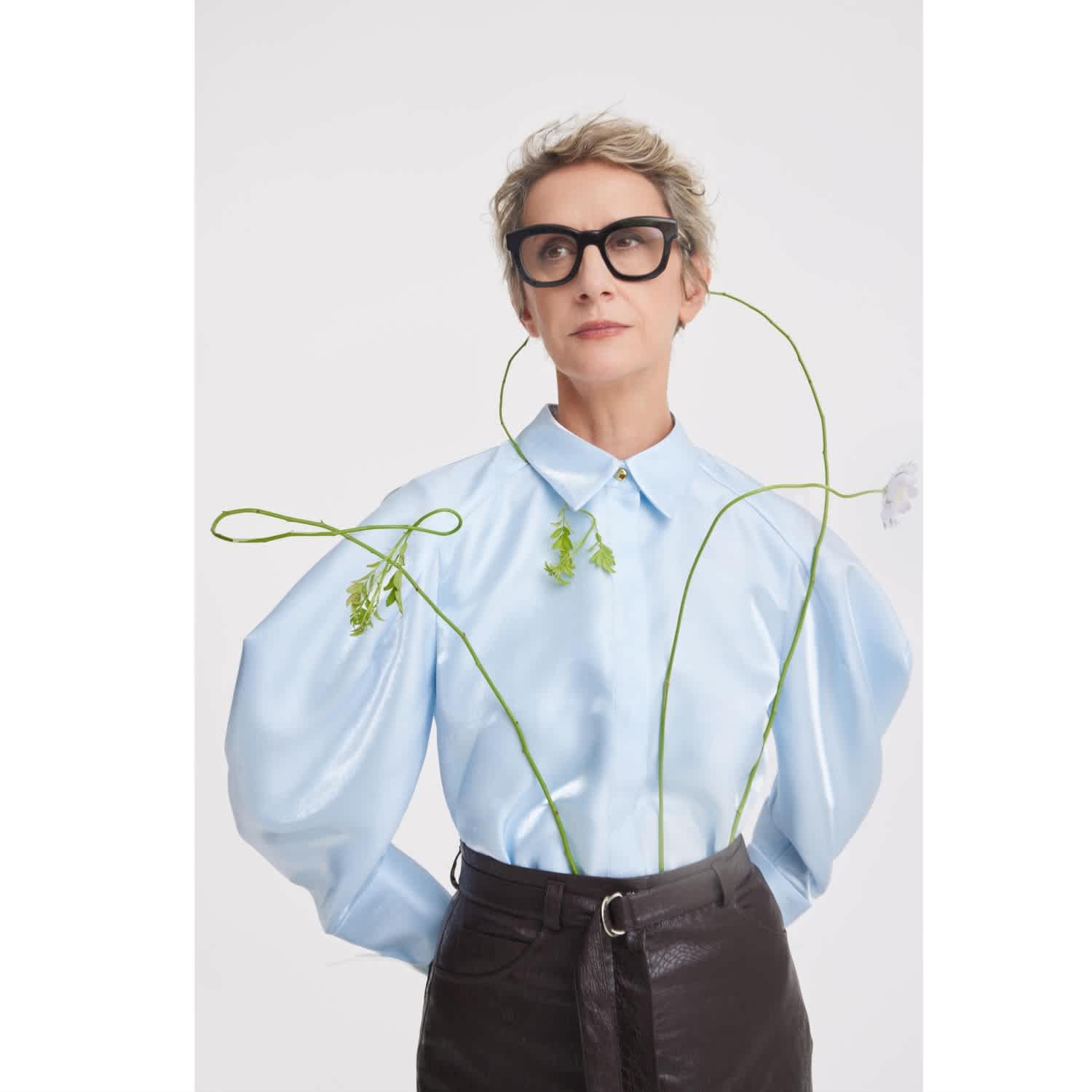 Romantic Silk Organza Blouse With Balloon Sleeves – Light Blue
