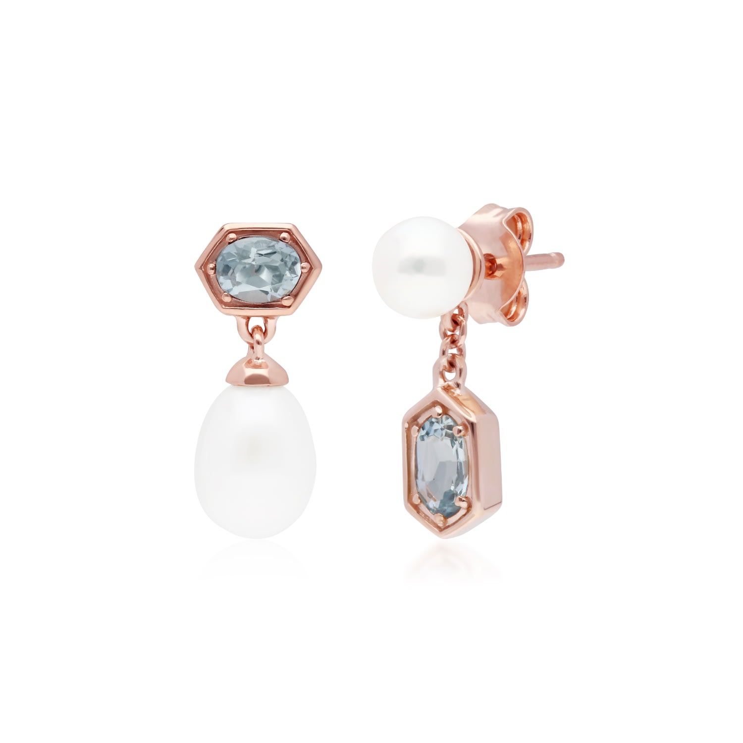 Women’s Blue Mismatched Aquamarine & Pearl Dangle Earring In Rose Gold Plated Silver Gemondo