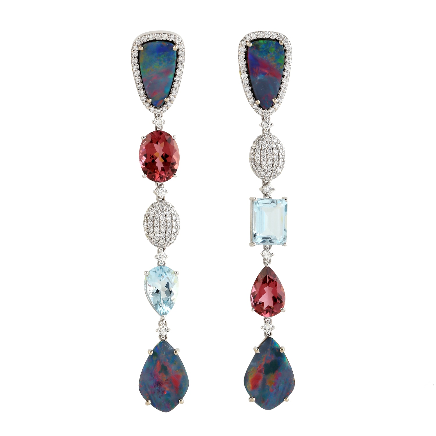 Women’s Red / White / Blue 18K White Gold Natural Diamond Opal Doublet Tourmaline Aquamarine Multi Stone Dangle Earrings Artisan