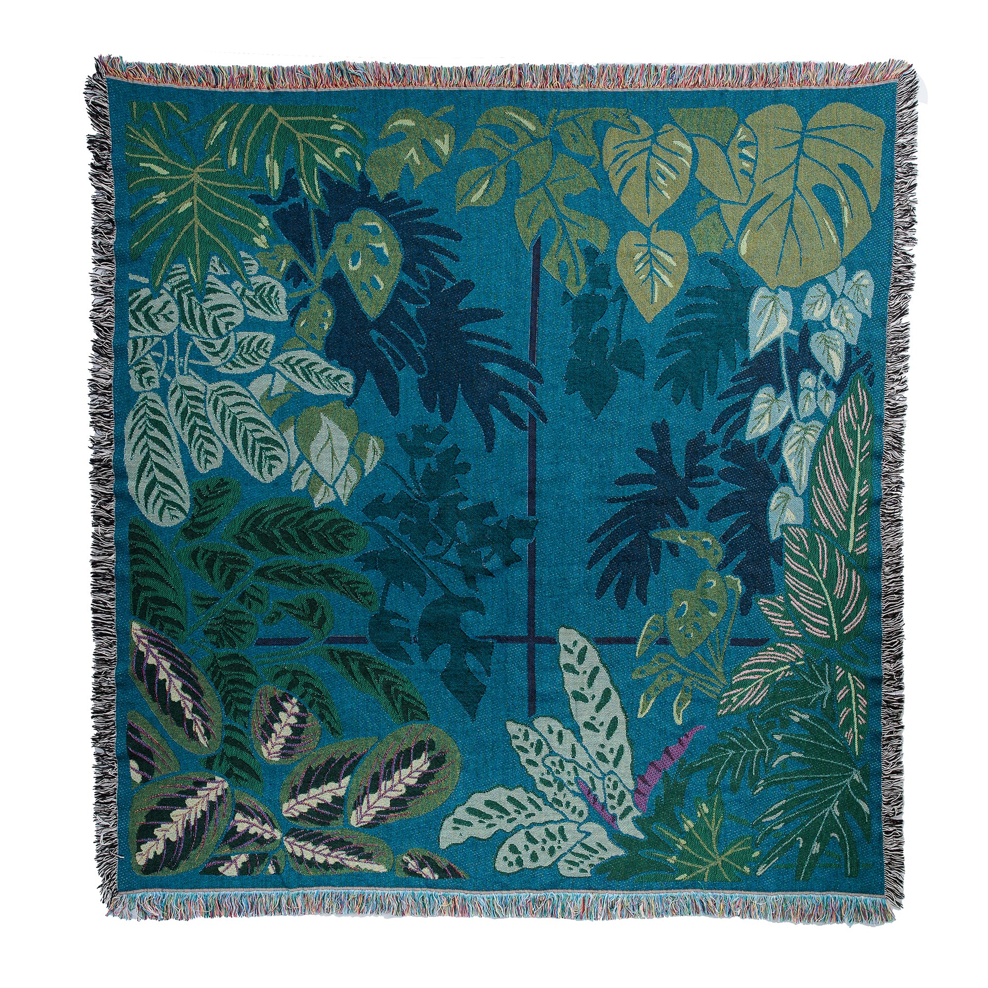 Green / Blue Indoor Jungle ’Window’ Woven Cotton Blanket One Size Arcana