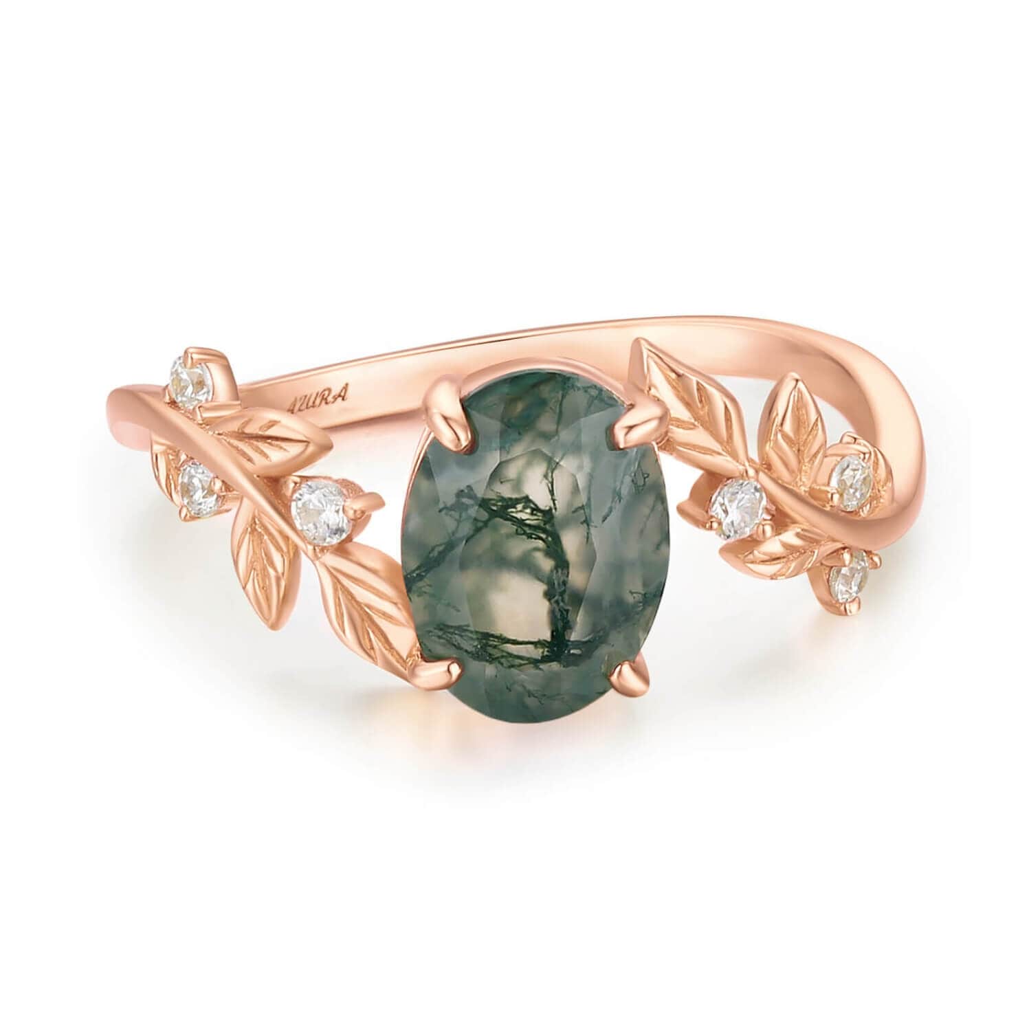 Women’s Between The Leaf Oval Moss Agate Ring Solid Rose Gold Azura Jewelry New York