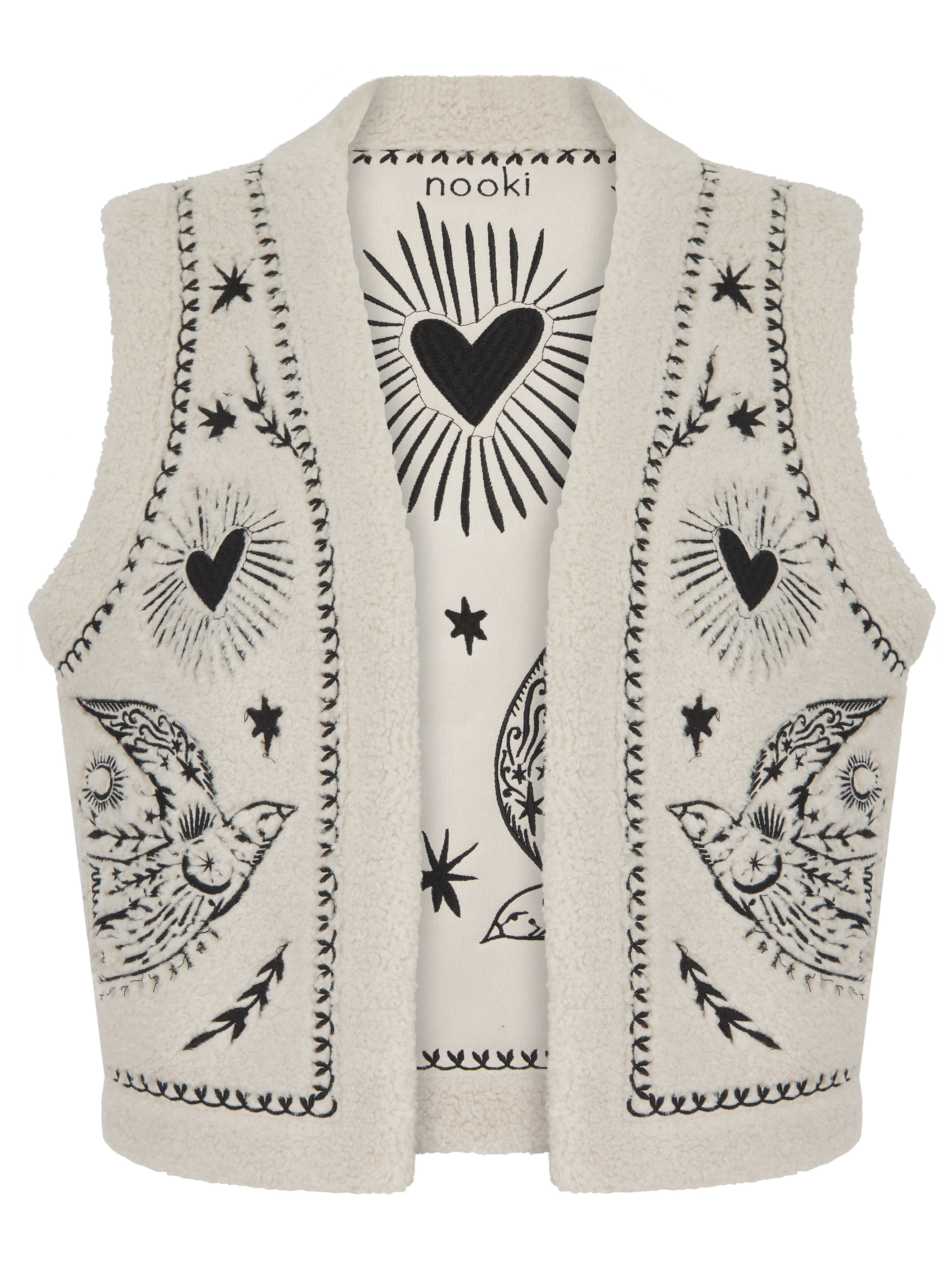 Nooki Design Women's Neutrals / White Free Bird Embroidered Faux Shearling Gilet-cream In Gray