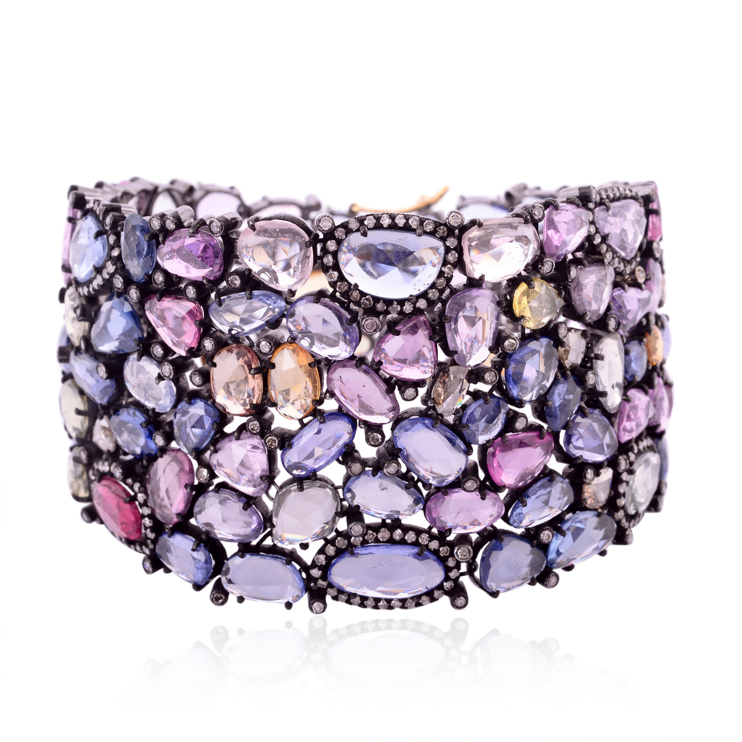 Women’s Embellished Multi Sapphire With Pave Diamond In 14K Gold & 925 Silver Fixed And Flexible Bracelet Artisan