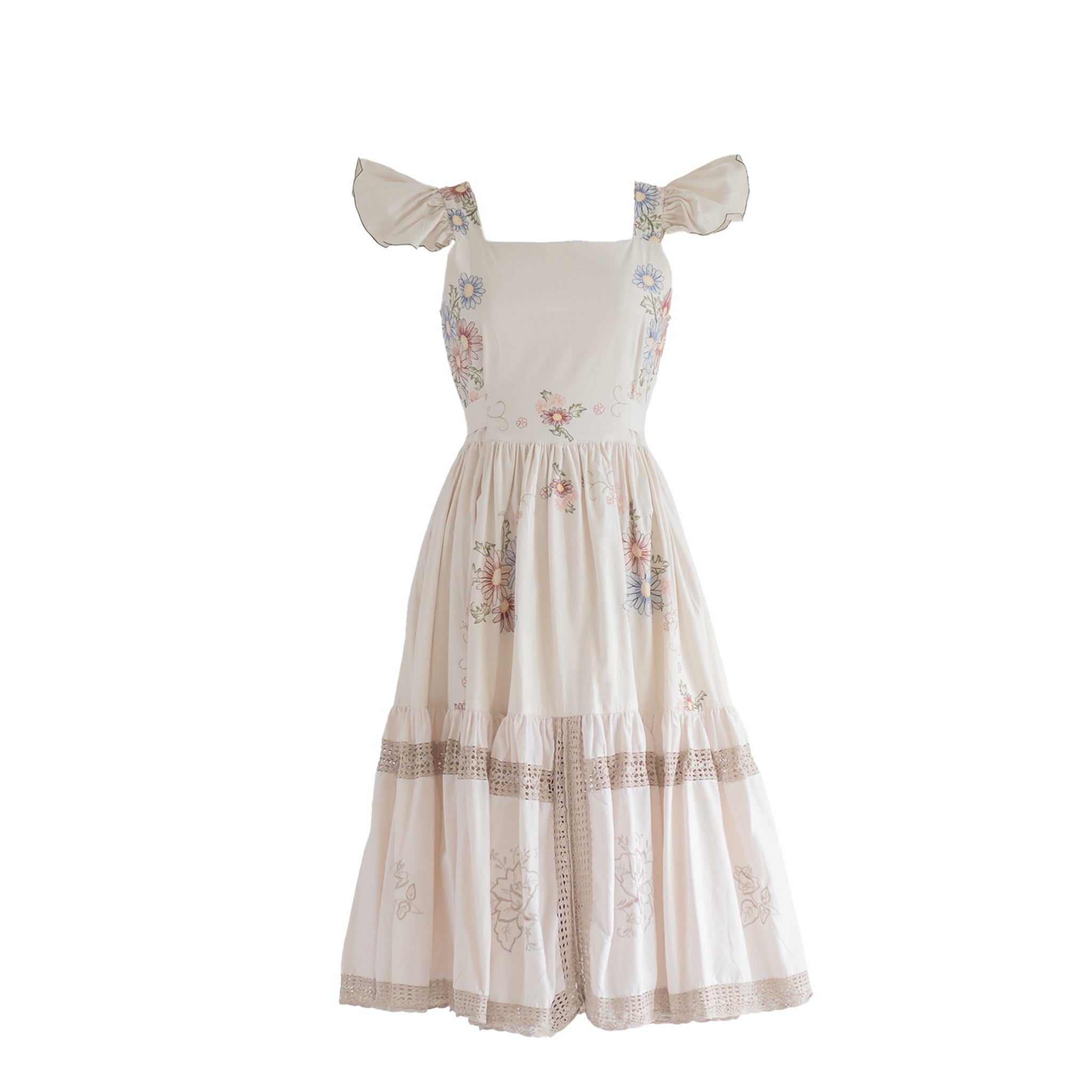 Sugar Cream Vintage Women's White Re-designed Upcycled Cotton Chic Cap Sleeves Blue Red Midi Dress