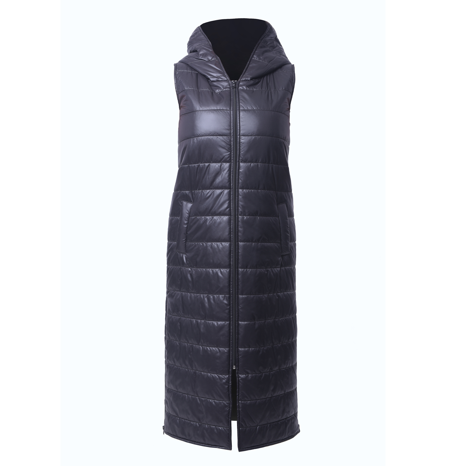 Black Long Puffer Vest With Hood, Metamorphoza