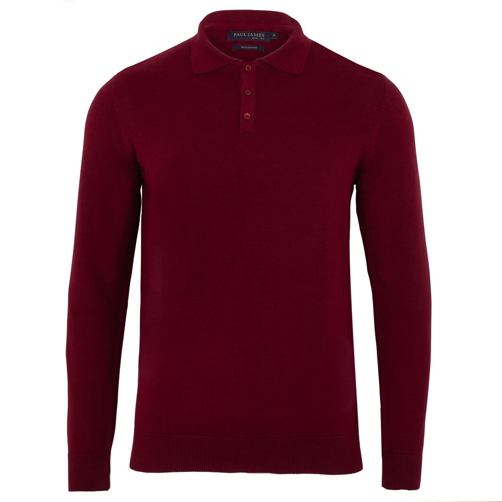 Red Mens Cotton Hall Long Sleeve Knitted Polo Shirt - Cabernet Small Paul James Knitwear