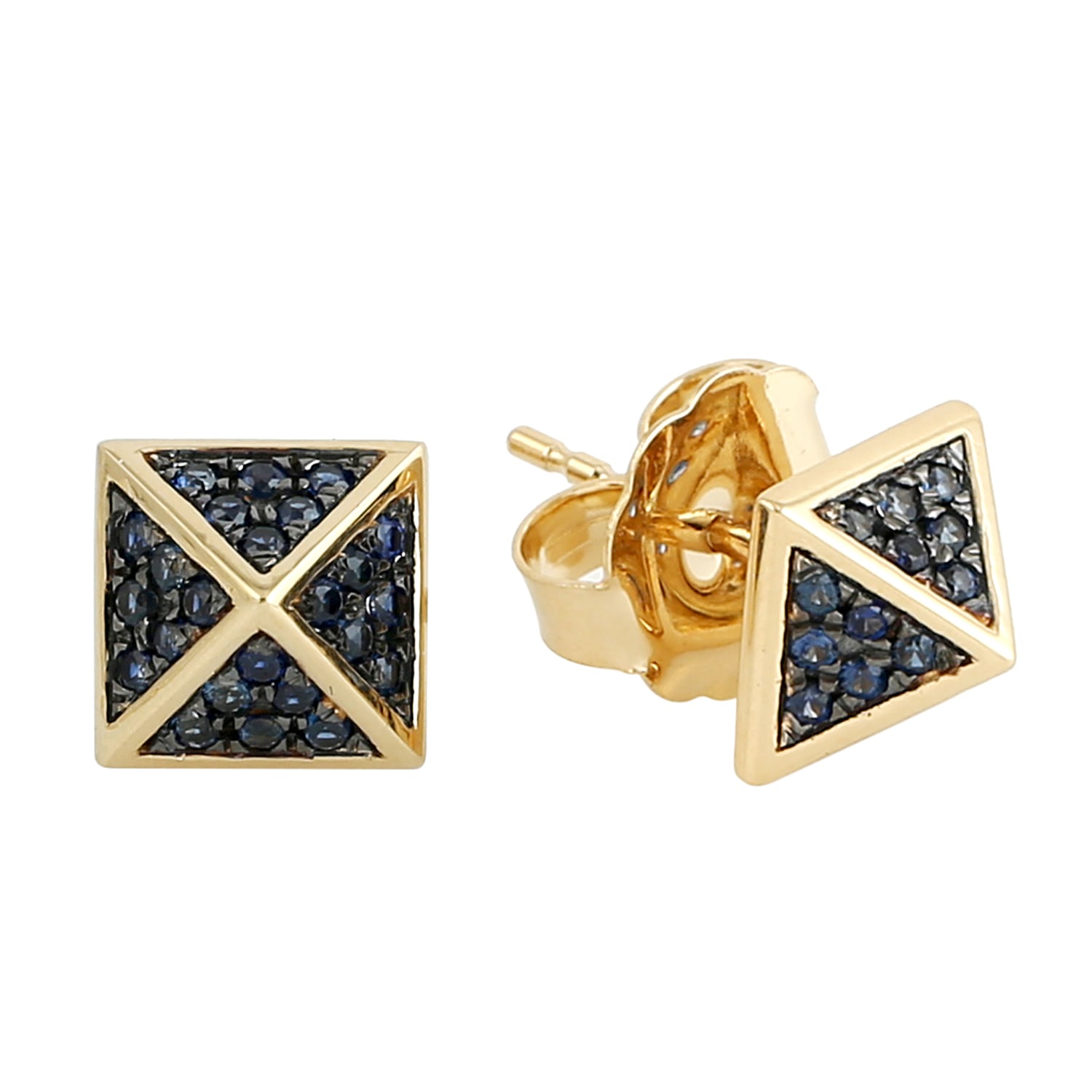 Artisan Women's Gold / Blue 18k Yellow Gold Pyramid Stud Earrings With Blue Sapphires In Multi