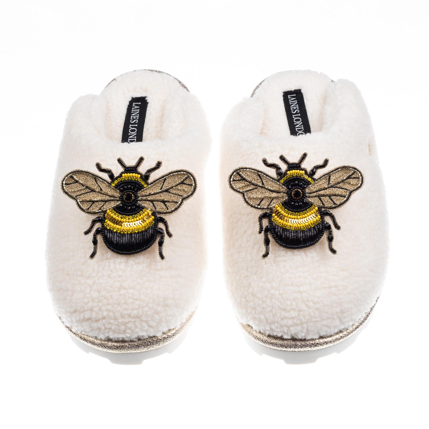 Laines London Women's White / Neutrals Teddy Closed Toe Slippers With Double Honeybee Brooches - Cream In White