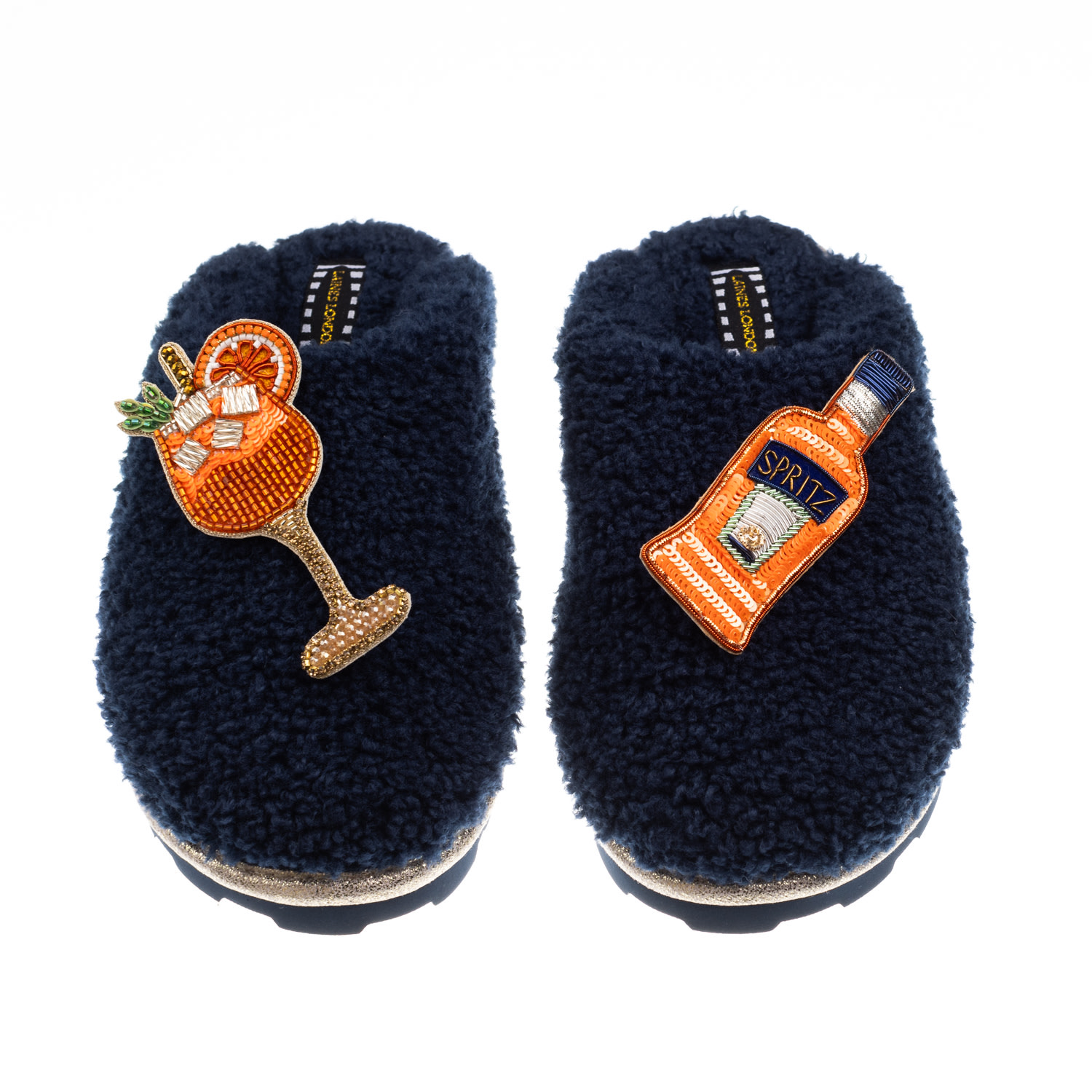 Laines London Women's Blue Teddy Closed Toe Slippers With Summer Spritzer Brooches - Navy In Blue