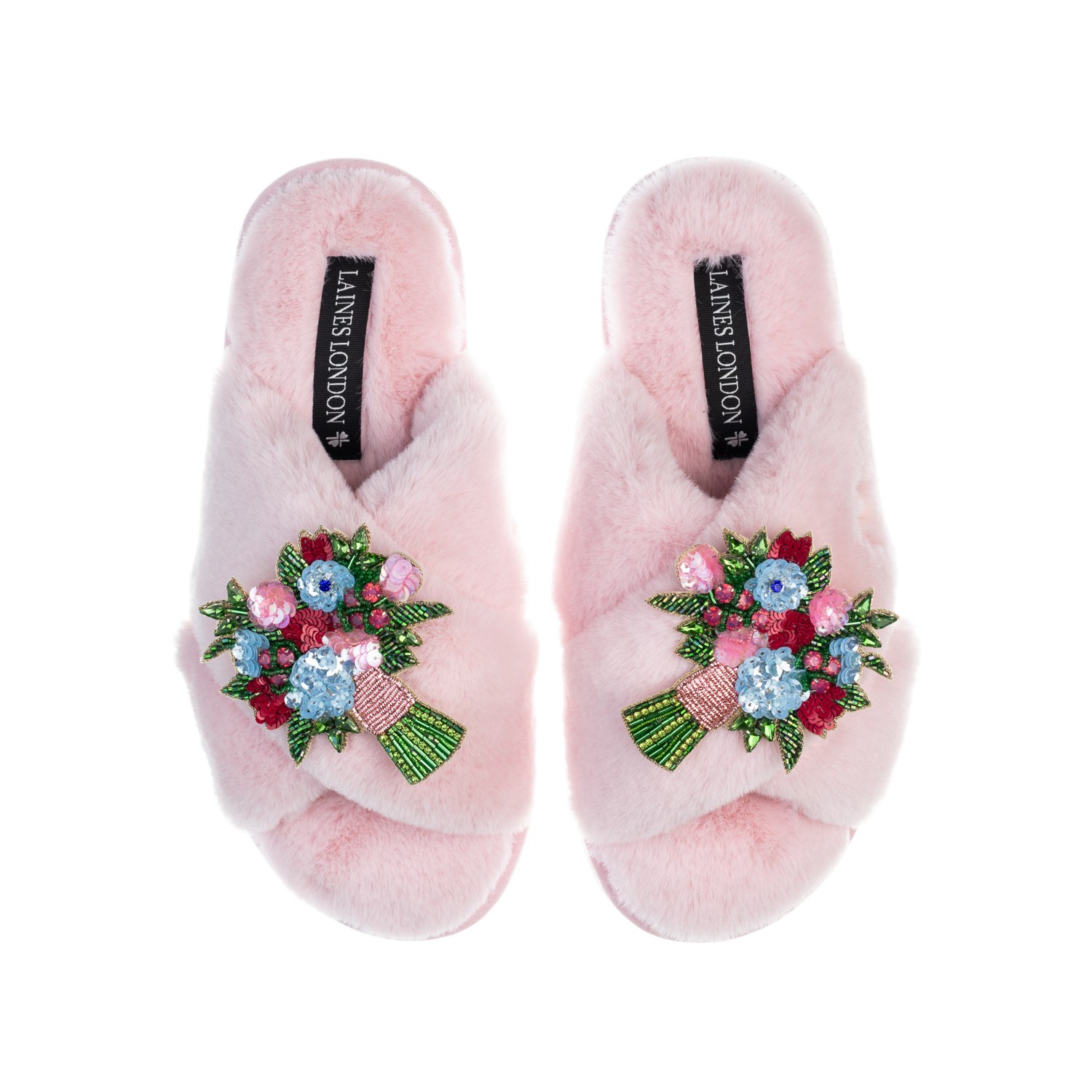 Laines London Women's Pink / Purple Classic Laines Slippers With Double Floral Bouquet Brooches - Pink