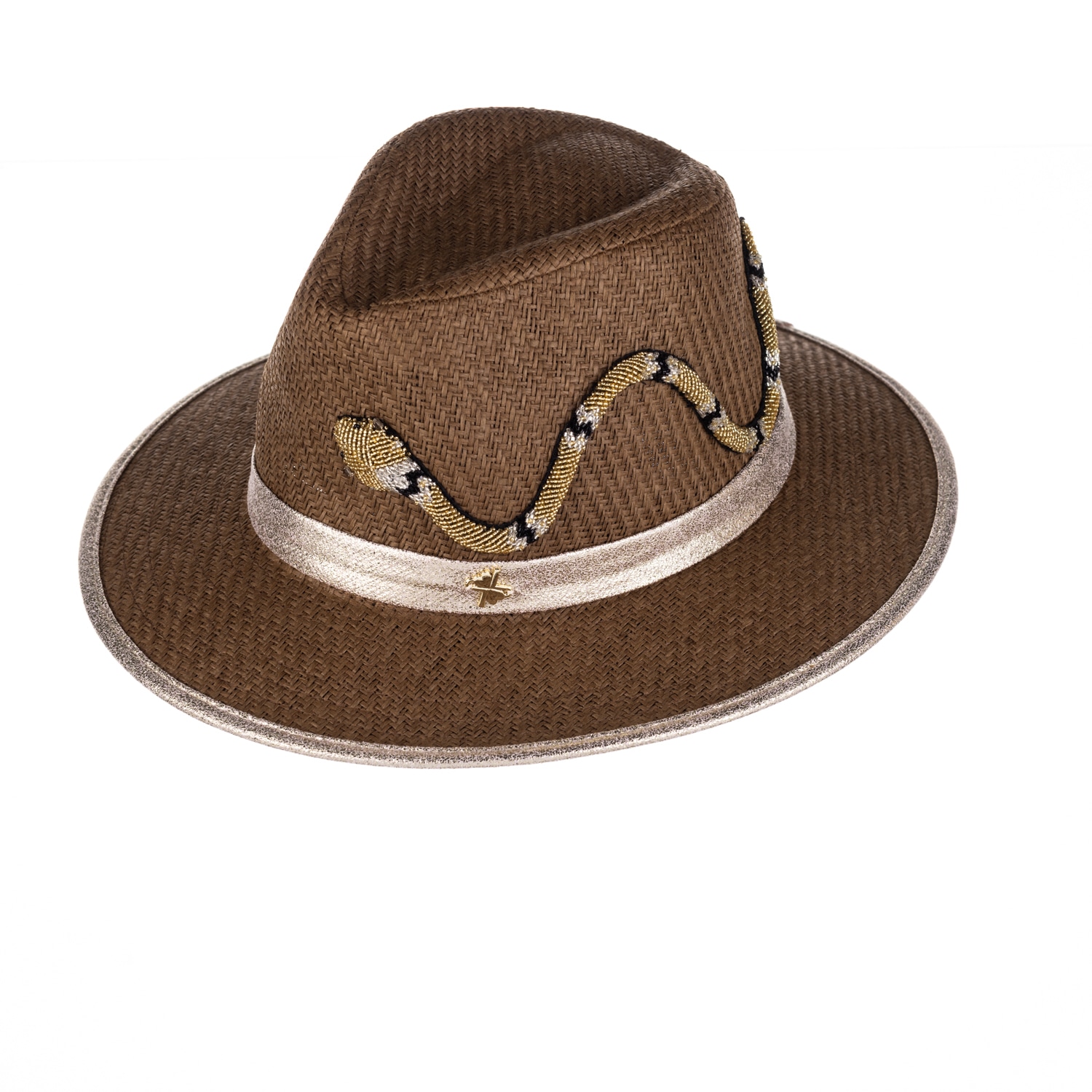 Laines London Women's Brown Straw Woven Hat With Couture Embellished Gold & Black Snake - Caramel In Brown