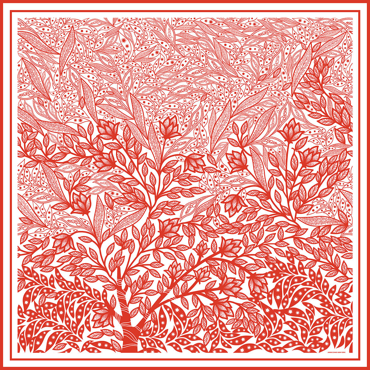 Jessie Zhao New York Women's White / Red Double Sided Silk Scarf Of Scarlet Tree Of Life