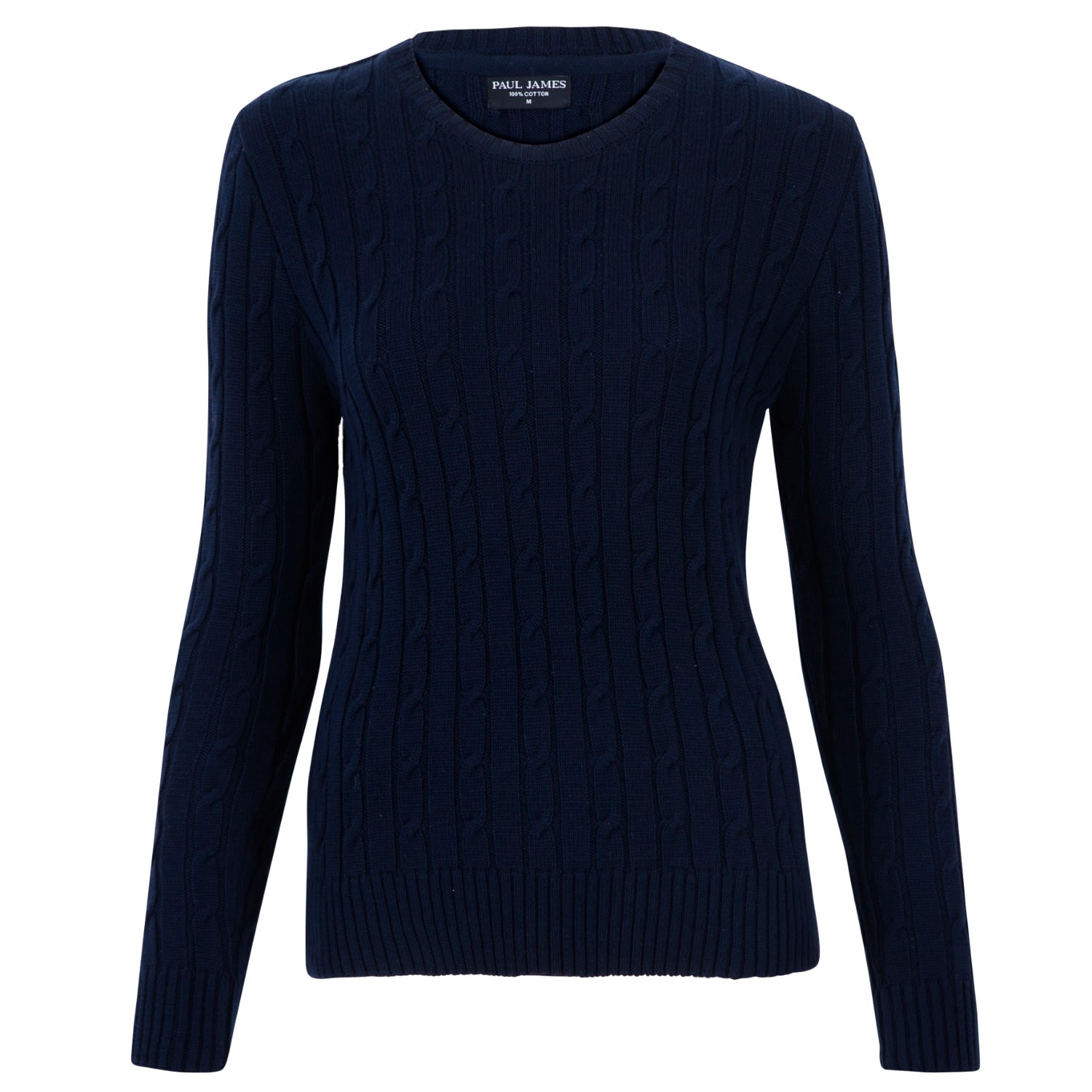 Blue Womens Cotton Crew Neck Taylor Cable Jumper - Navy Small Paul James Knitwear