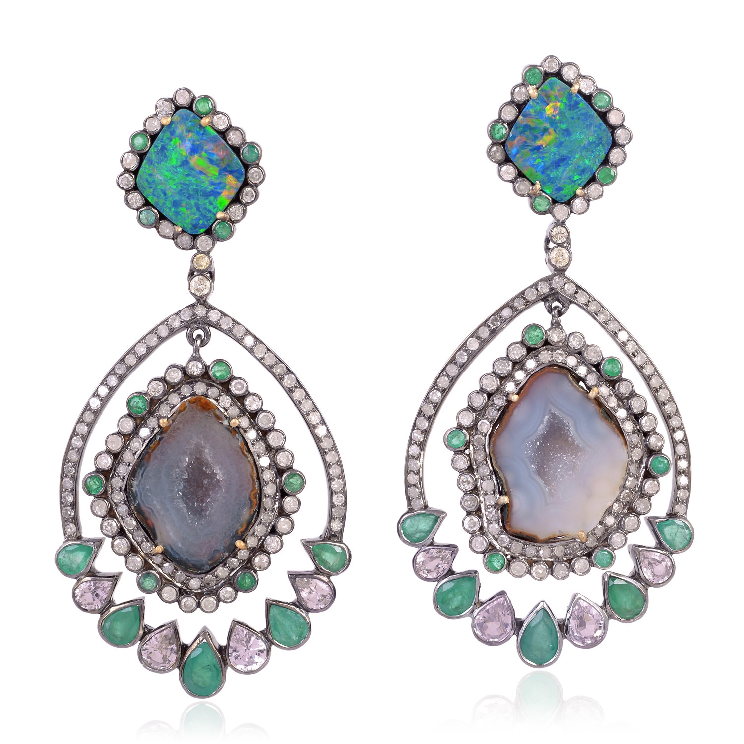 Women’s Gold / Green 18K Gold & 925 Silver In Uneven Geode With Multi Gemstone Bezel Set Diamond Dangle Earrings Artisan