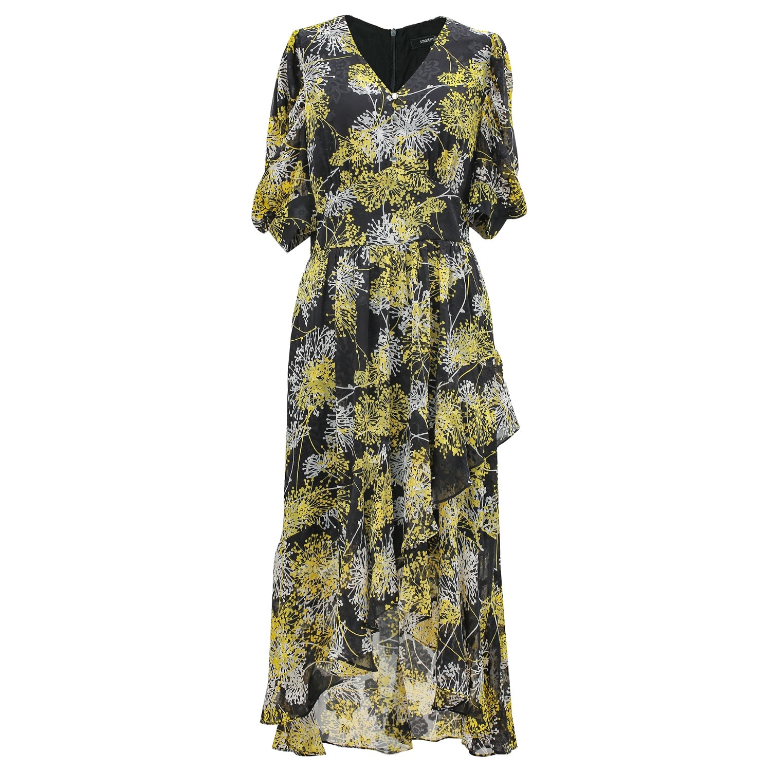 Smart And Joy Women's Linear Flower Print Plunging Hem Dress - Black In Black
