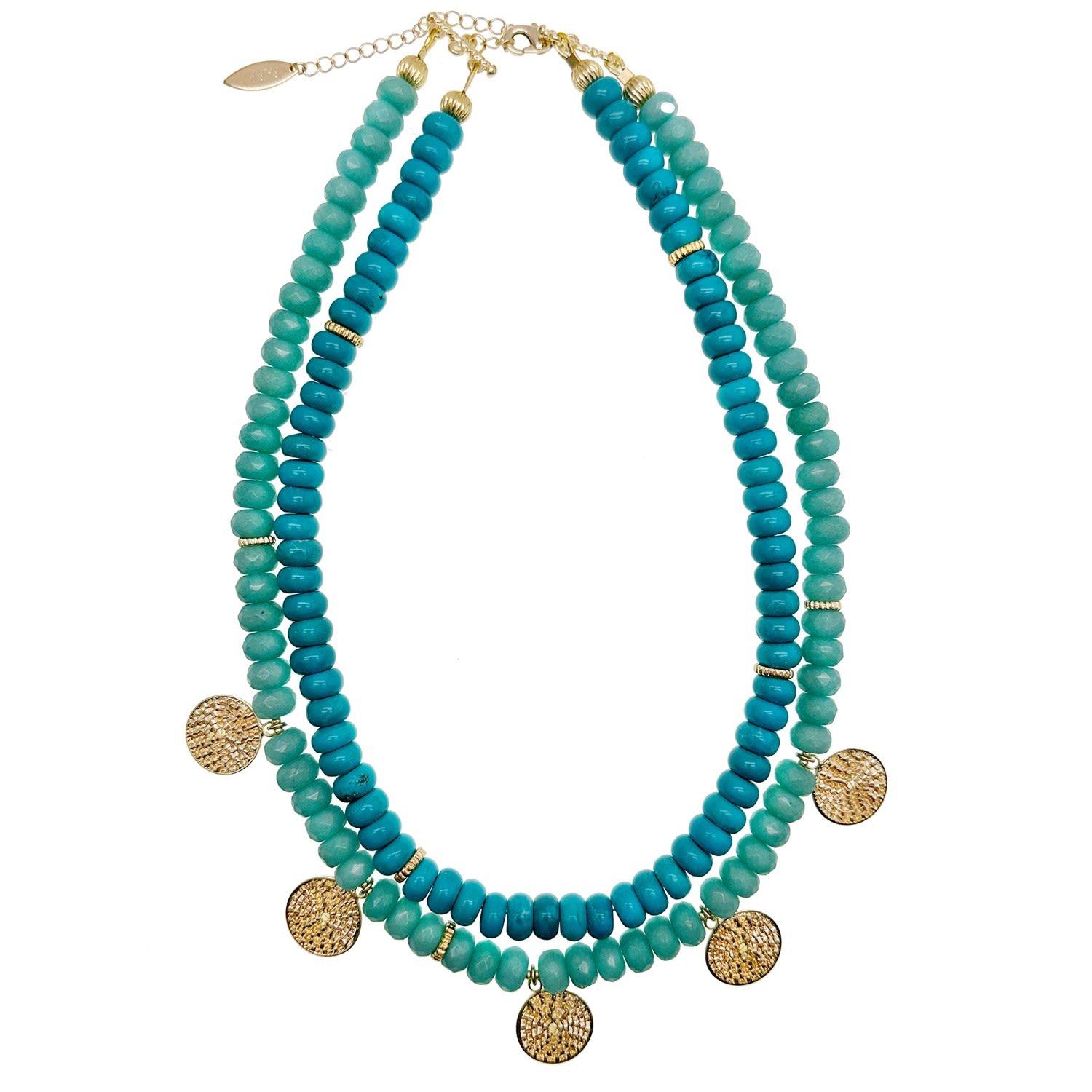 Women’s Blue / White Turquoise & Amazonite Double Strands Coin Charm Statement Necklace Farra