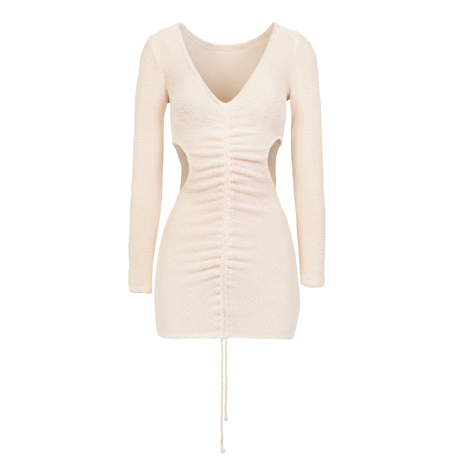 What I Want V Neckline Cut Out Ruched Mini Dress In Beige