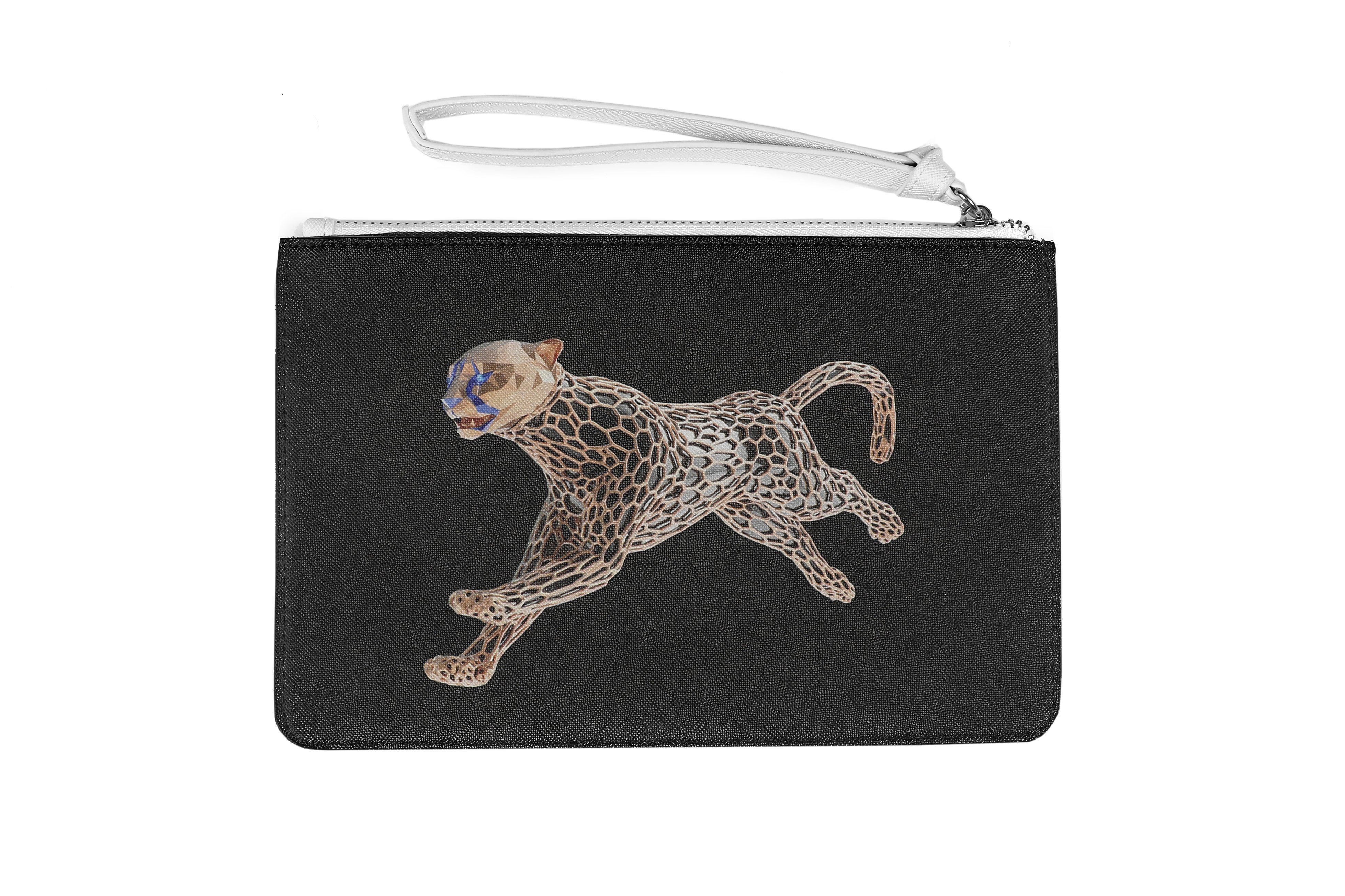Marokka Design Women's Cheetah Medium Clutch Bag Saffiano Leather Finish - Black In Black