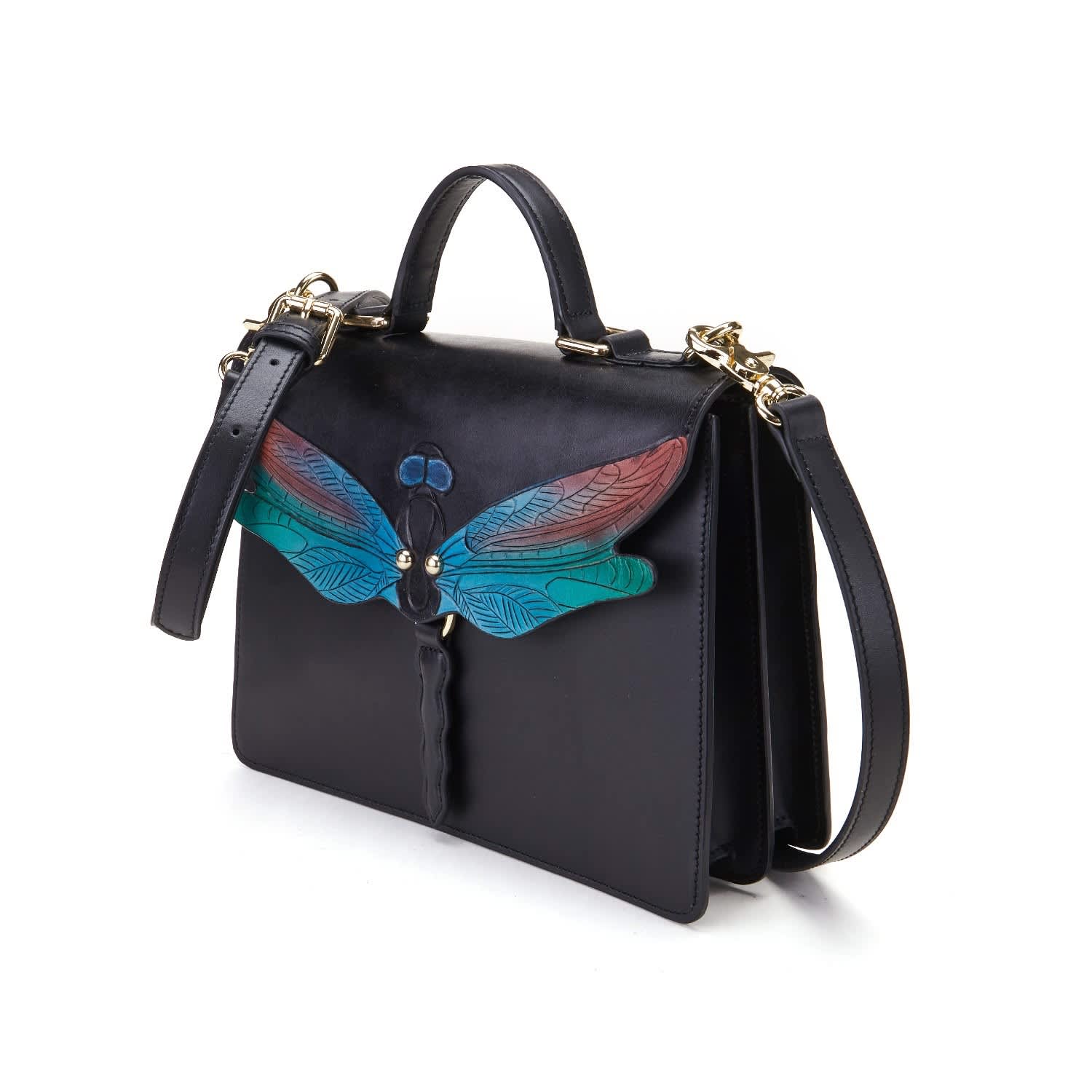 Dragonfly Top Handle Leather Bag Black Bellorita Wolf Badger