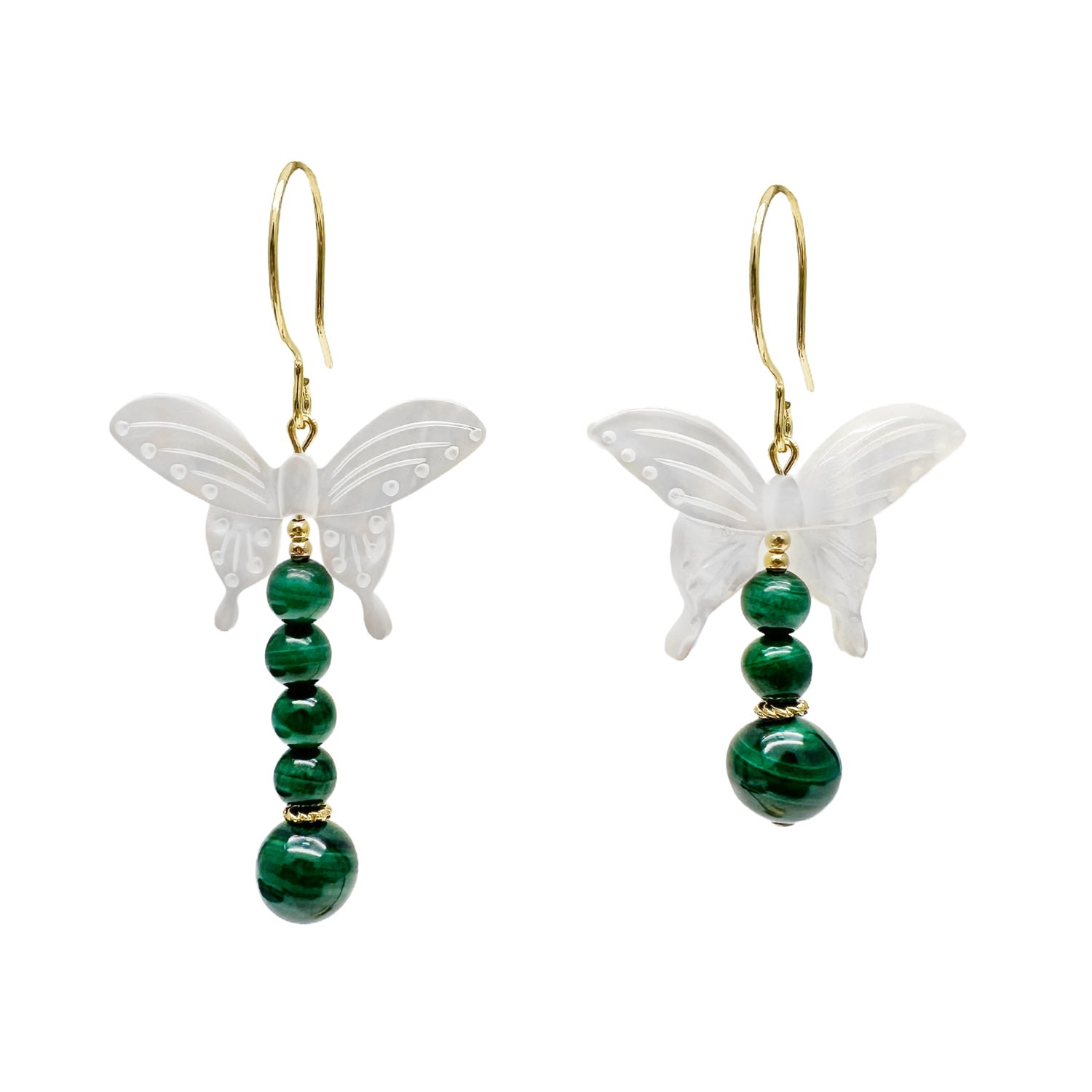 Farra Women's White / Green Butterfly-shaped Shell With Malachite Statement Hook Earrings In Multi