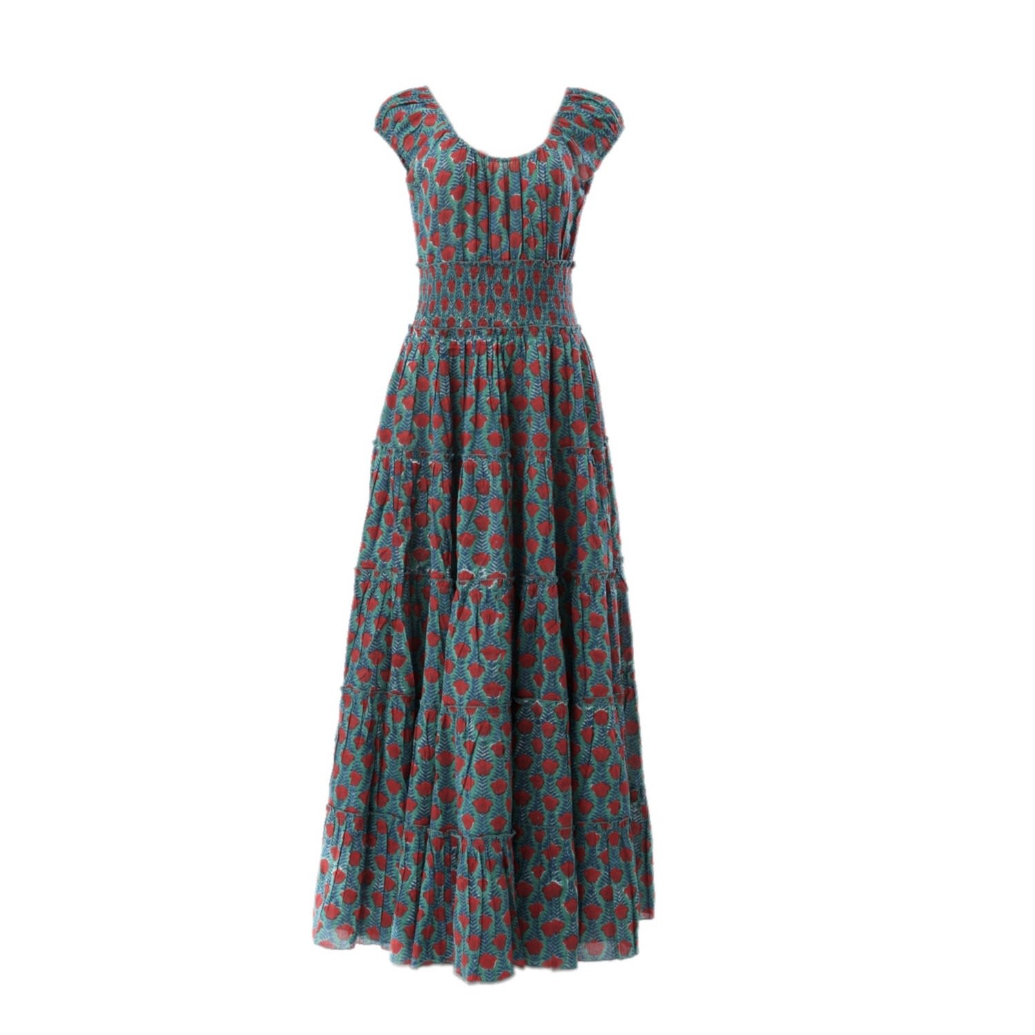 Wild Rose Women's Green Manda Teal Cotton Hand Block Print Dress In Green