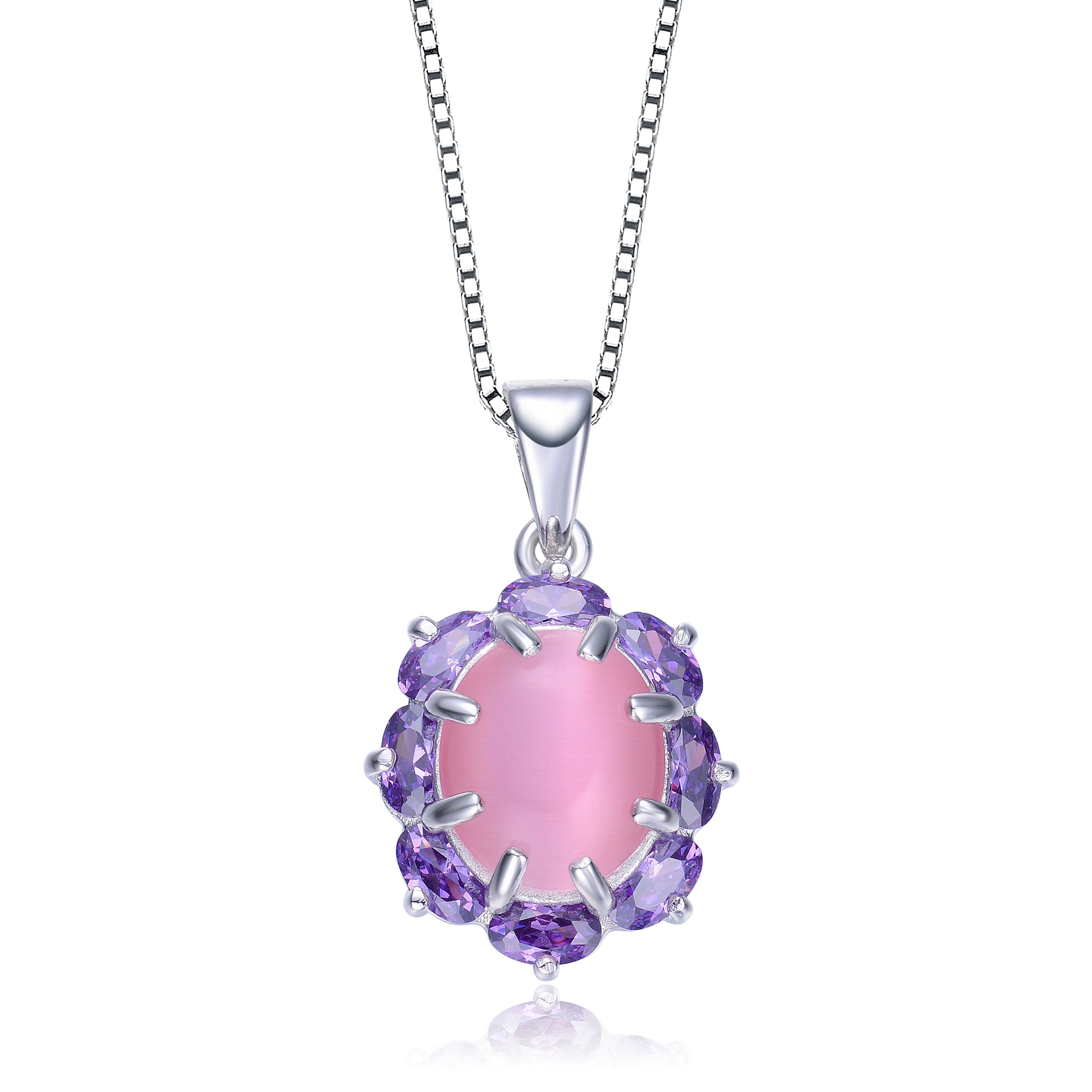 Women’s White / Silver / Pink Sterling Silver Purple Cubic Zirconia And Pink Oval Necklace Genevive Jewelry