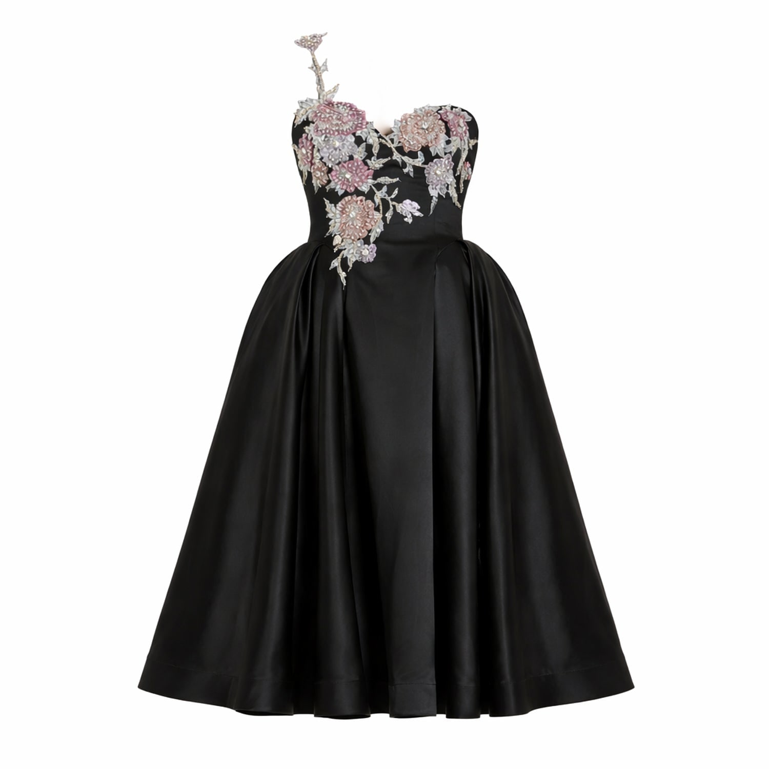 Mac Duggal Women's Black One Shoulder Satin Midi Dress With Beaded Flowers