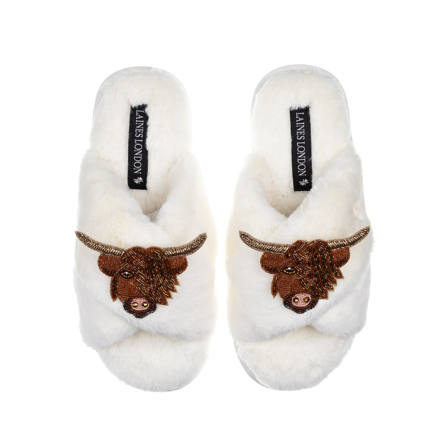 Laines London Women's White Classic Laines Slippers With Double Highland Cow Brooches - Cream In White
