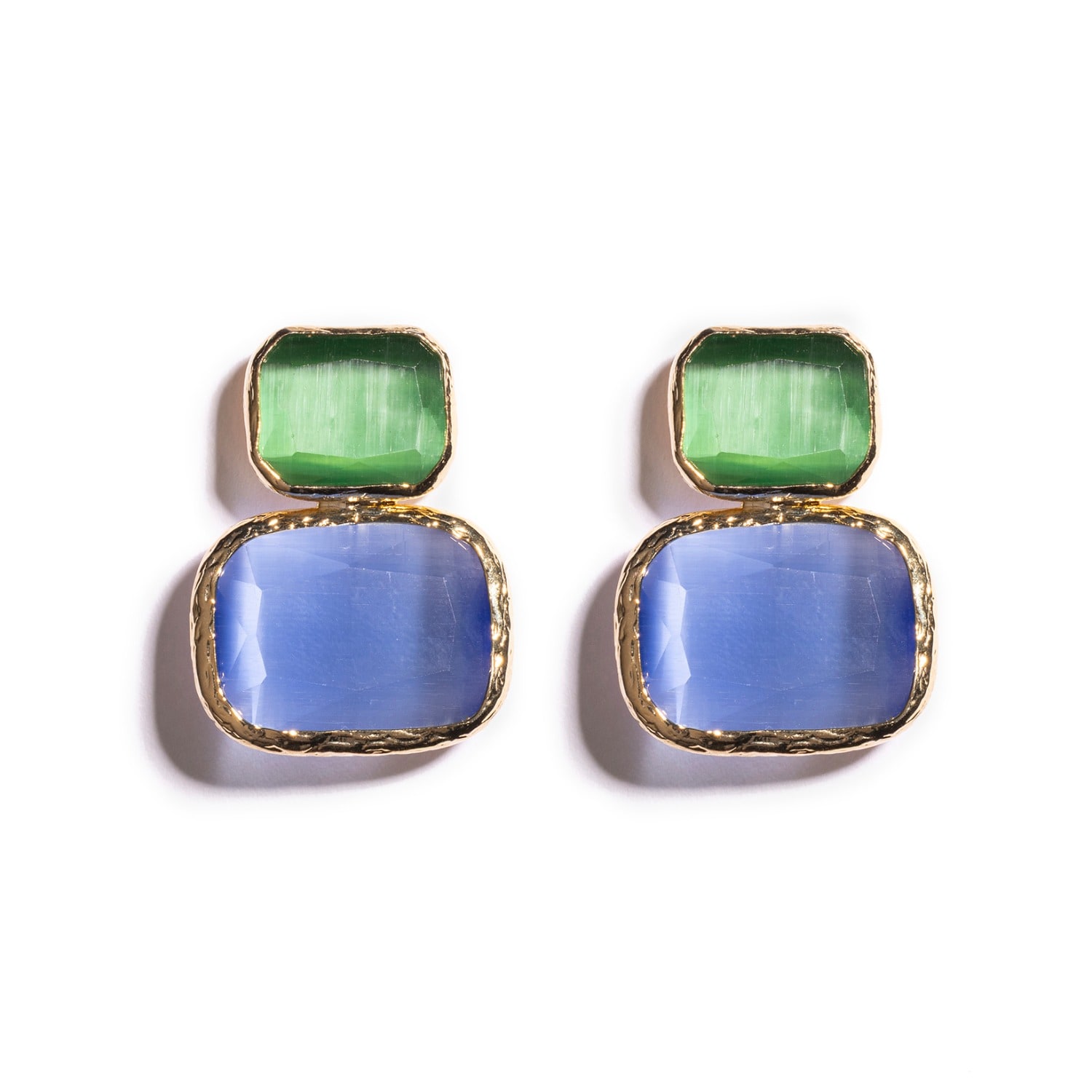 Kybele Studio Women's Gold / Green / Blue Gold Color Block Cat's Eye Earrings In Emerald & Sky Blue In Multi