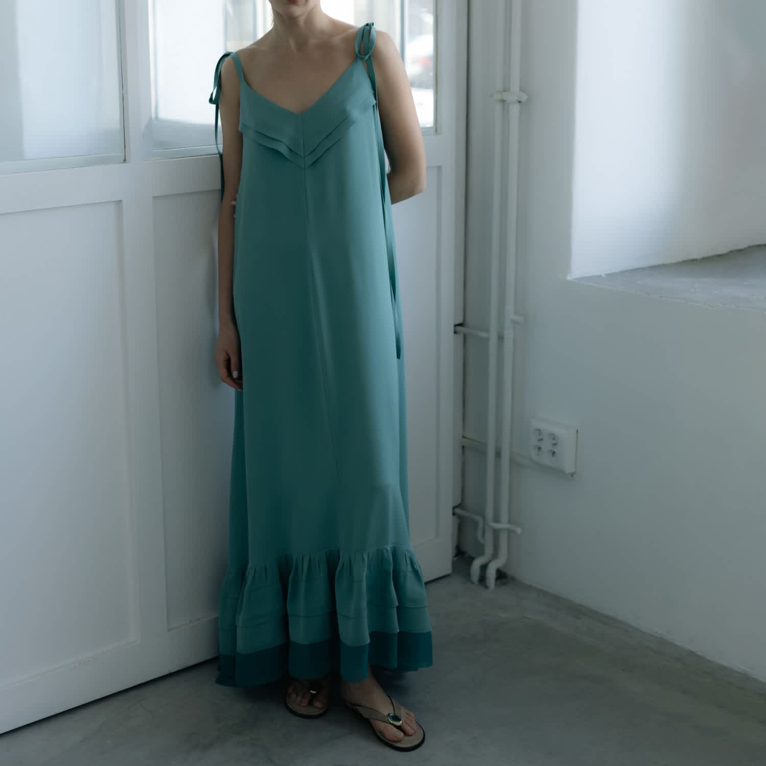 Langner Chiffon Ruffle Tie-Strap Maxi Dress - Green