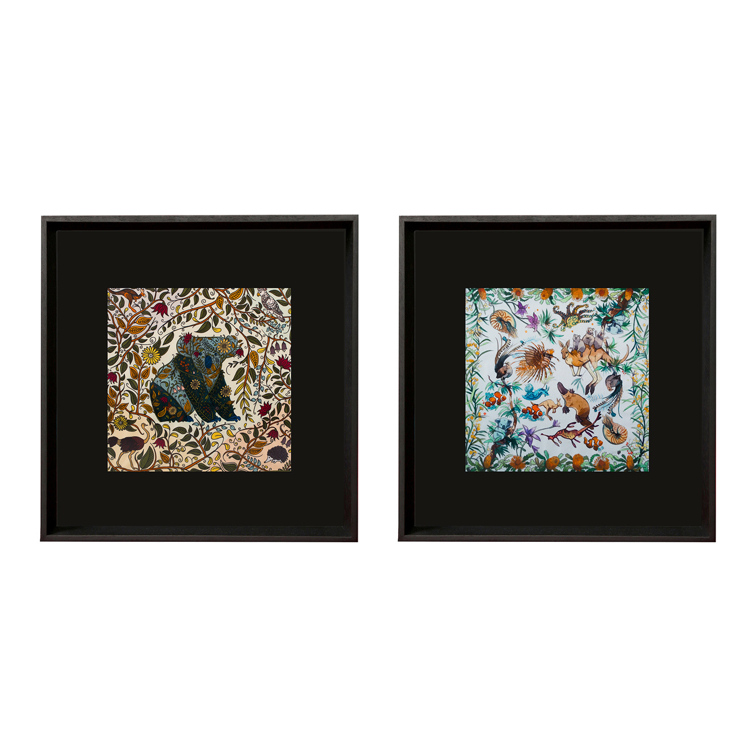 Un Poco Australian Natura Black Framed Silk Scarves In Multi