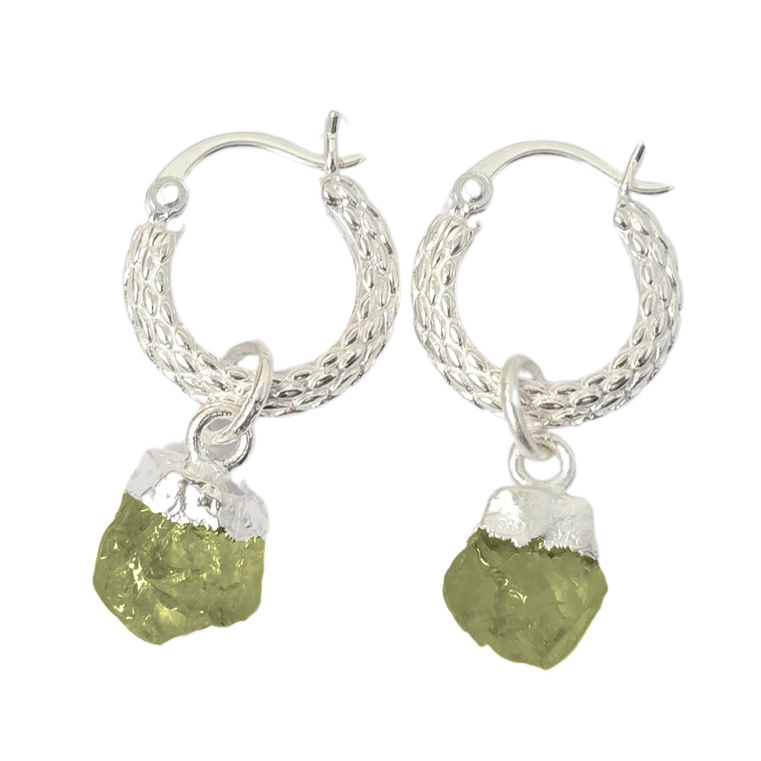 Harfi Women's Green / Silver Raw Peridot August Birthstone Huggie Hoops Sterling Silver Gemstone Earrings