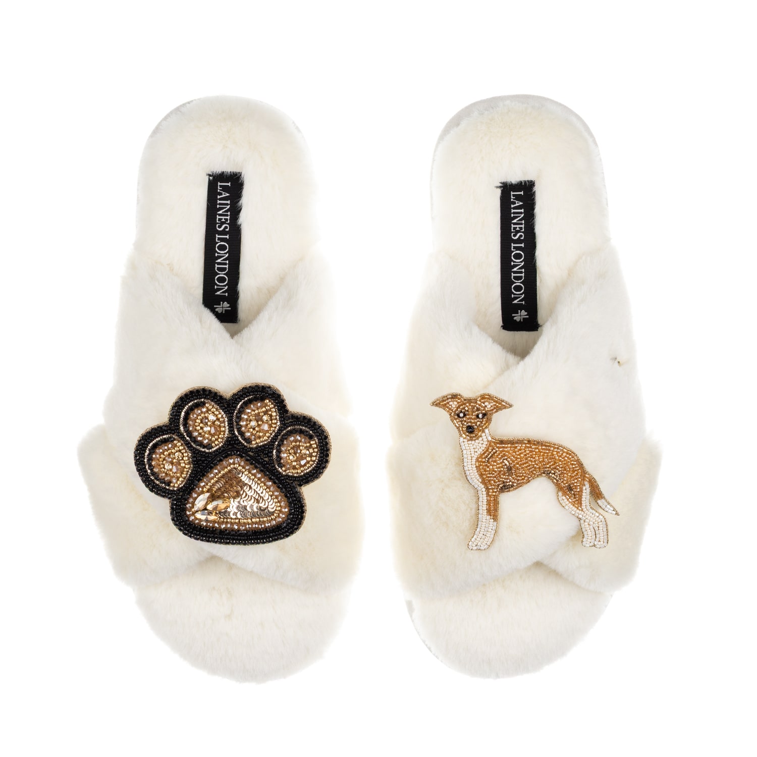 Laines London Women's Neutrals / White Classic Laines Slippers With Paw & Fawn & White Italian Greyhound Brooches  In White