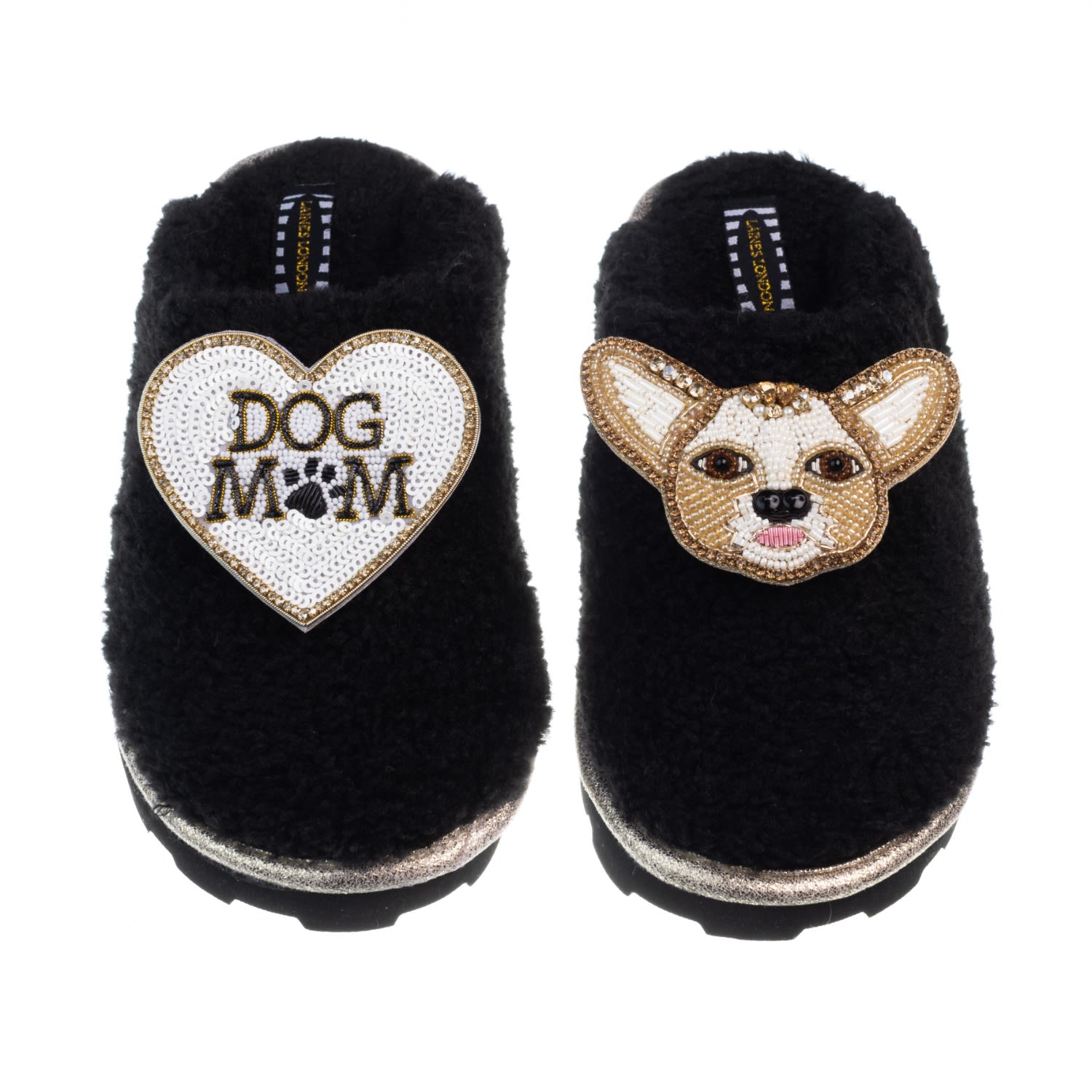 Women’s Teddy Closed Toe Slippers With Princess Chihuahua & Dog Mum / Mom Brooches - Black Medium Laines London