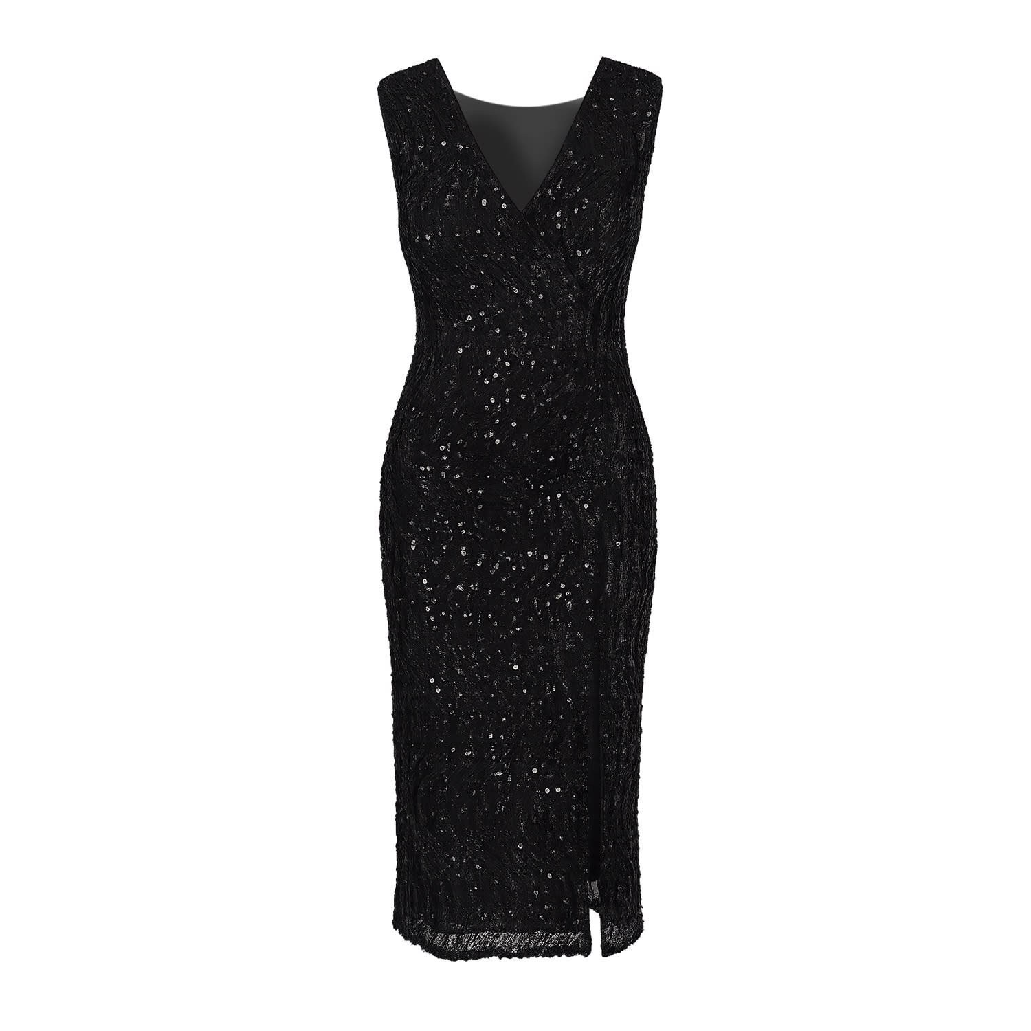 Yumi Women's  Black Sequin Fitted Wrap Dress With Split Hem In Black
