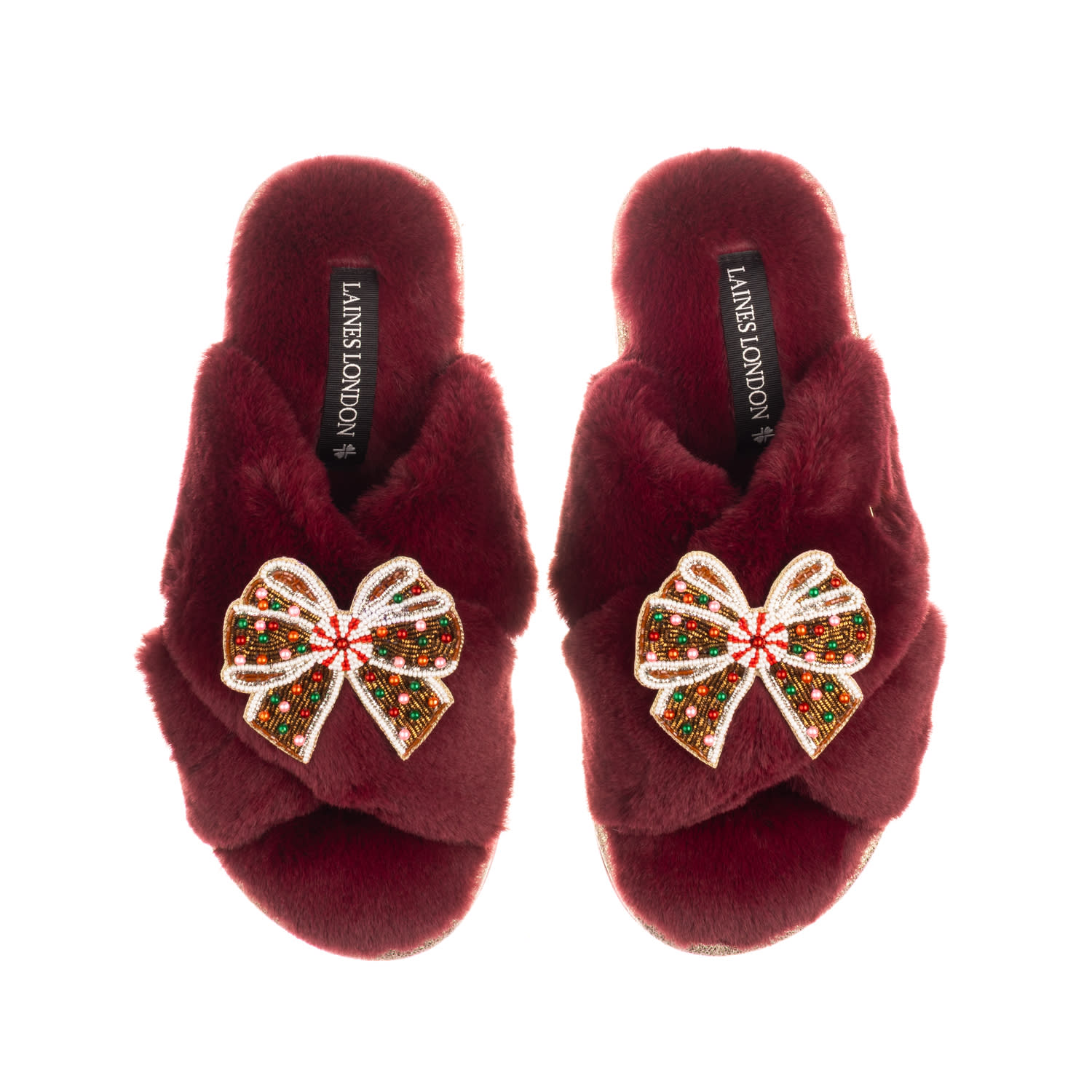 Laines London Women's Red / Gold Classic Laines Slippers With Christmas Gingerbread Bows Brooches - Limited Editio In Brown