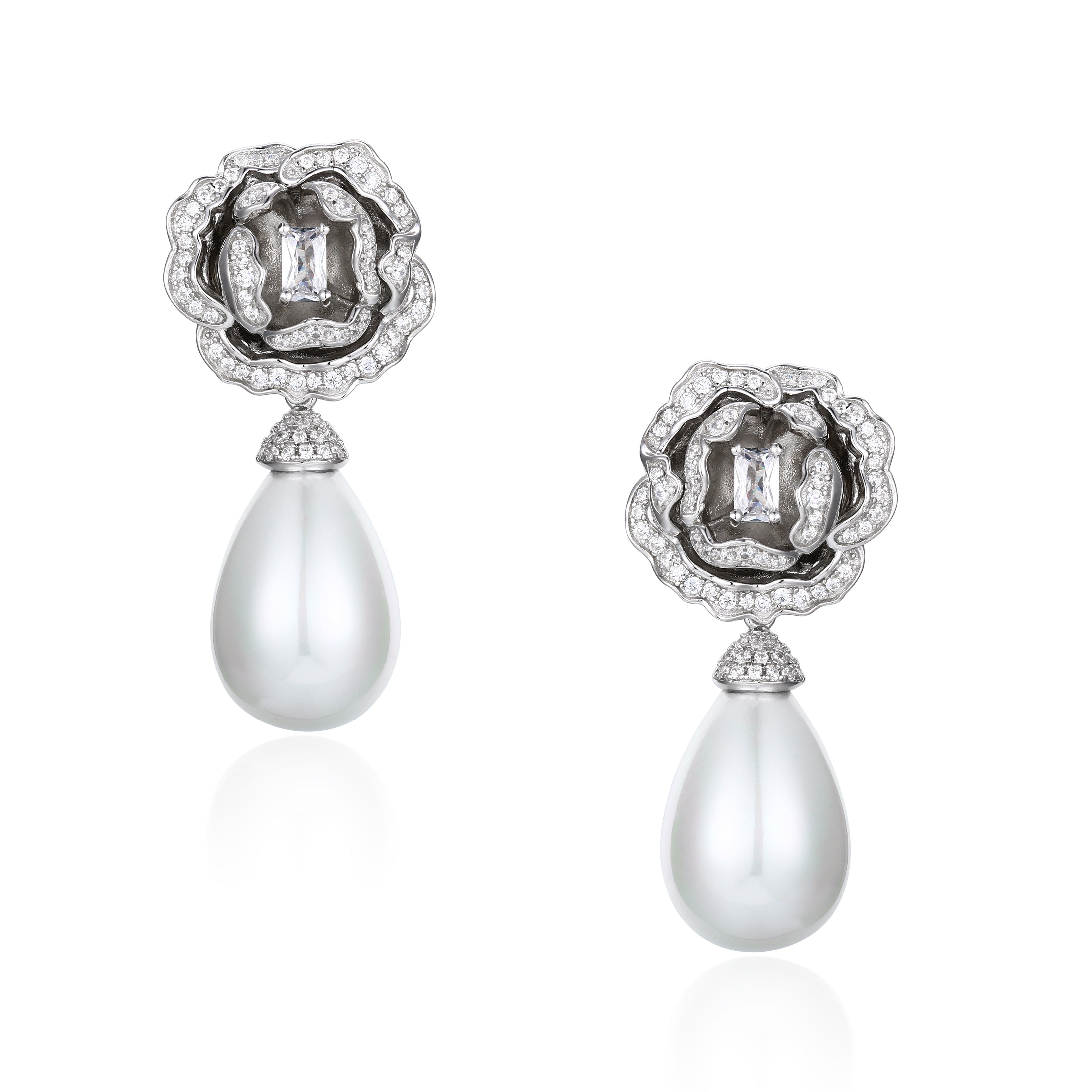 Women’s Countess Flower & Pearl Drop Silver Earrings Santinni