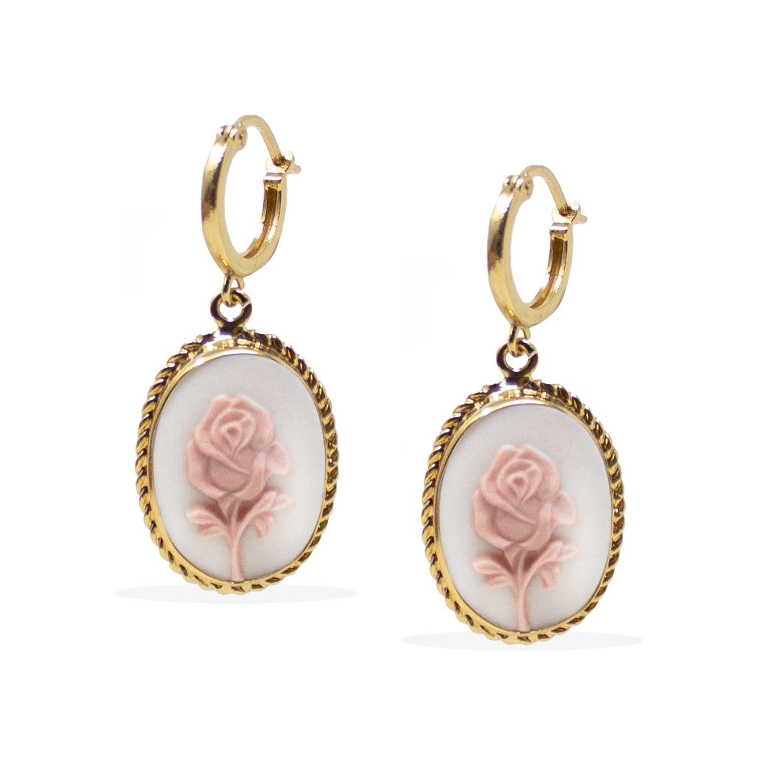 Women’s Gold / White / Pink Gold-Plated White Rose Cameo Hoop Earrings Vintouch Italy