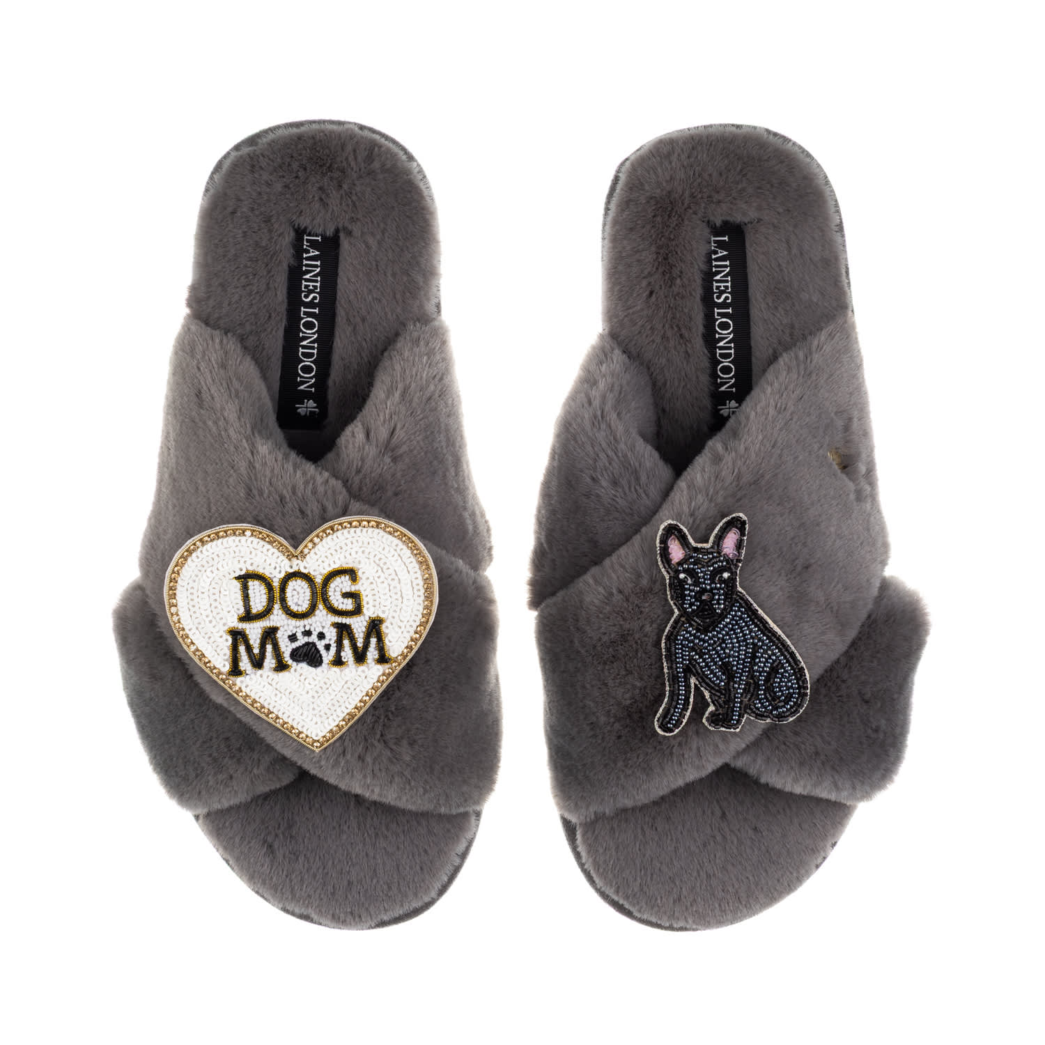 Laines London Women's Classic Slippers With Dog Mum/mom & Black Sitting French Bulldog Brooches - Grey In Gray