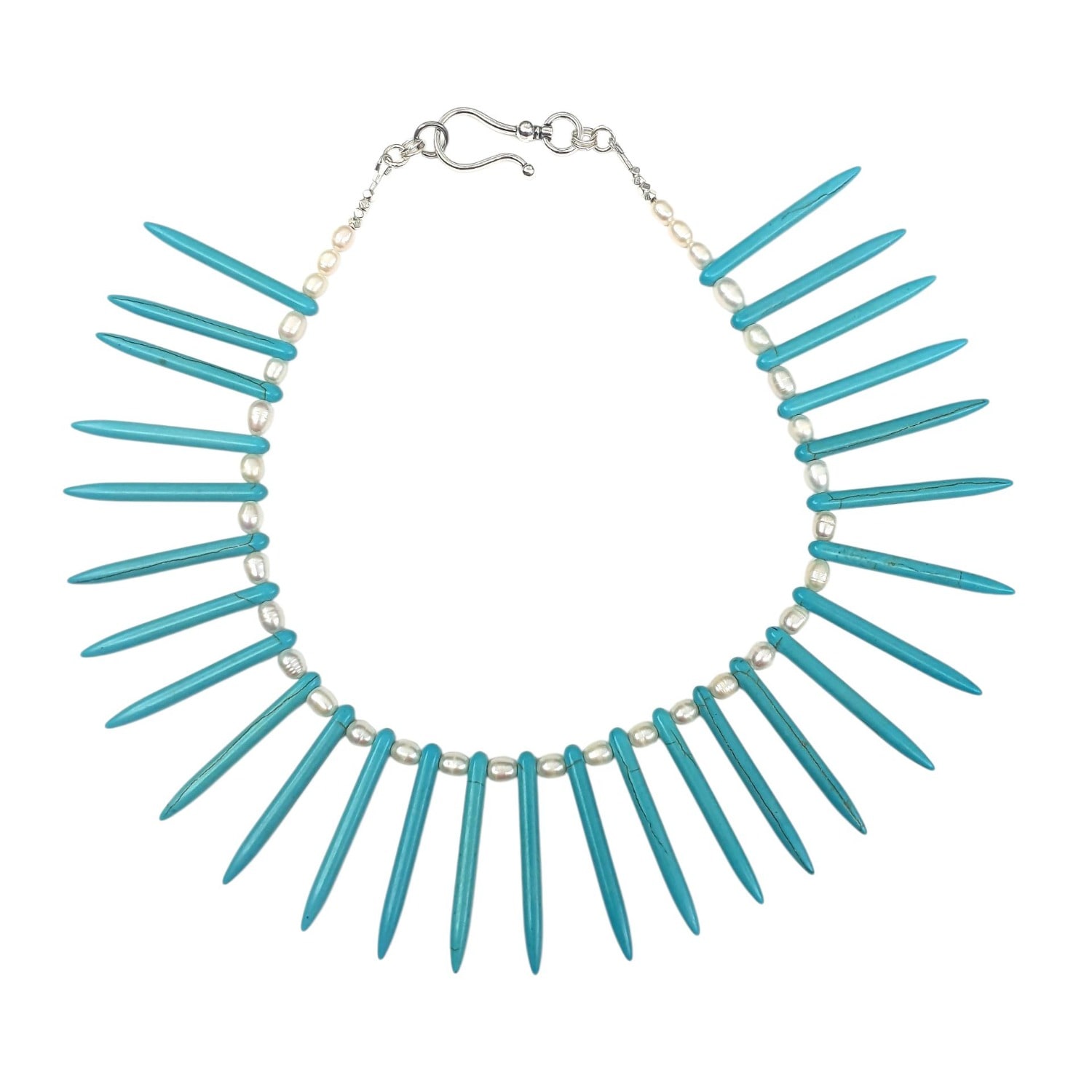 Way To Chic Women's Blue / White Turquoise Spike Necklace And Freshwater Pearl Earrings Set – Boho Statement Jew In Multi