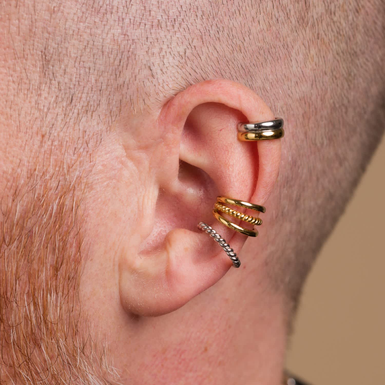 Mens Gold Cuff Earrings Men's Mixed Metal Small Single Ear Cuff