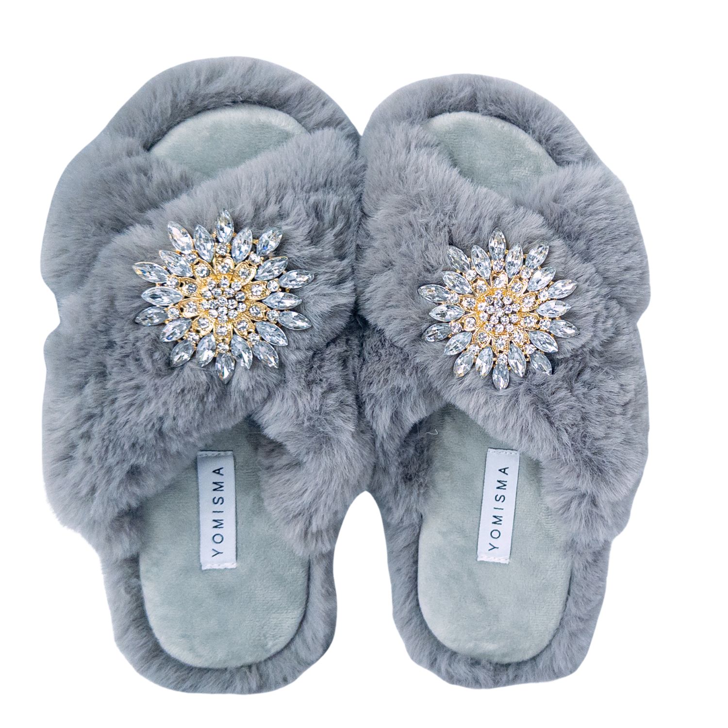 Women's Faux Fur Slippers - Global Recycled Standard Certified With Clear Jewel Embellishments - Grey | Small | Yomisma