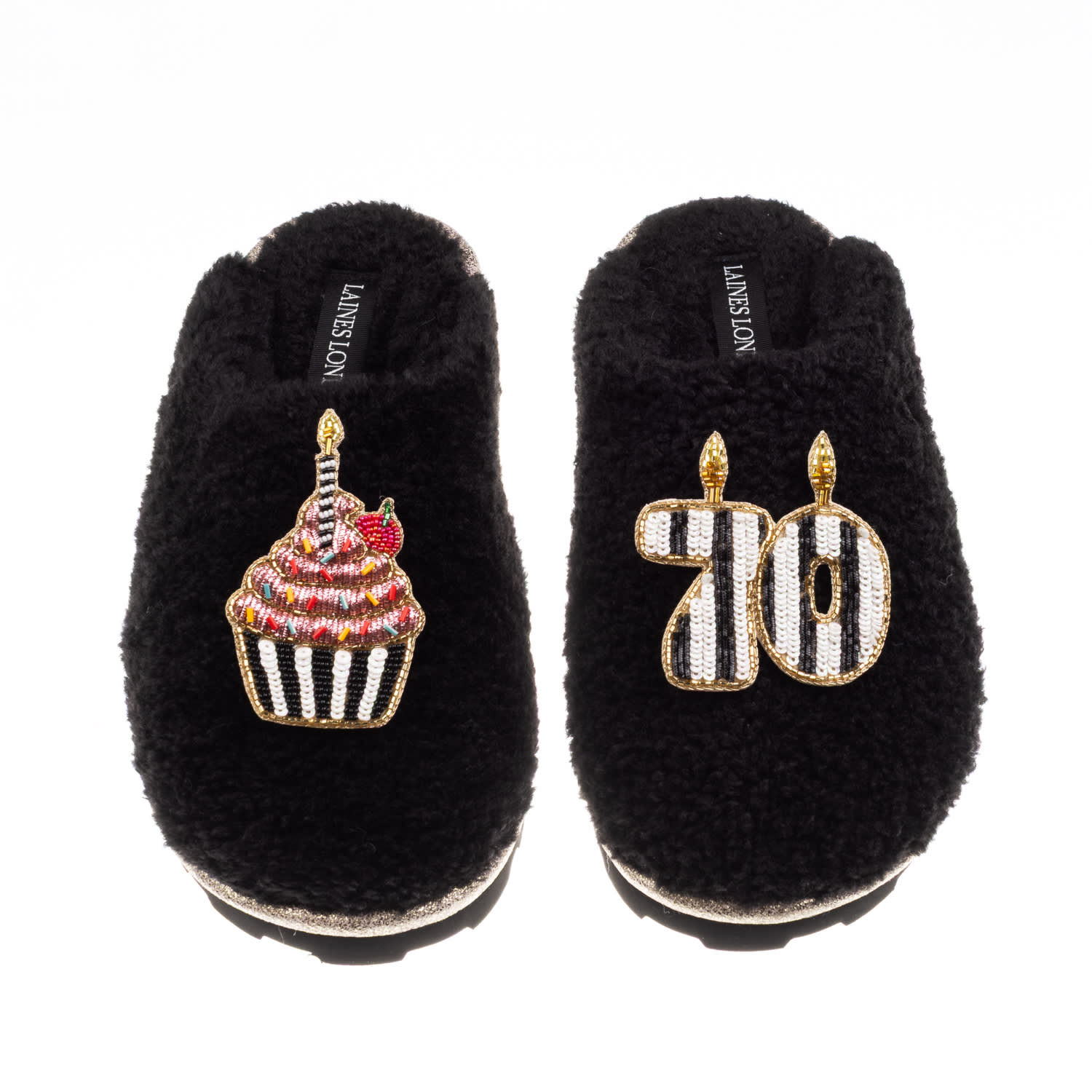 Laines London Women's Black Teddy Closed Toe Slippers With Stripe 70th Birthday & Brooches In Black