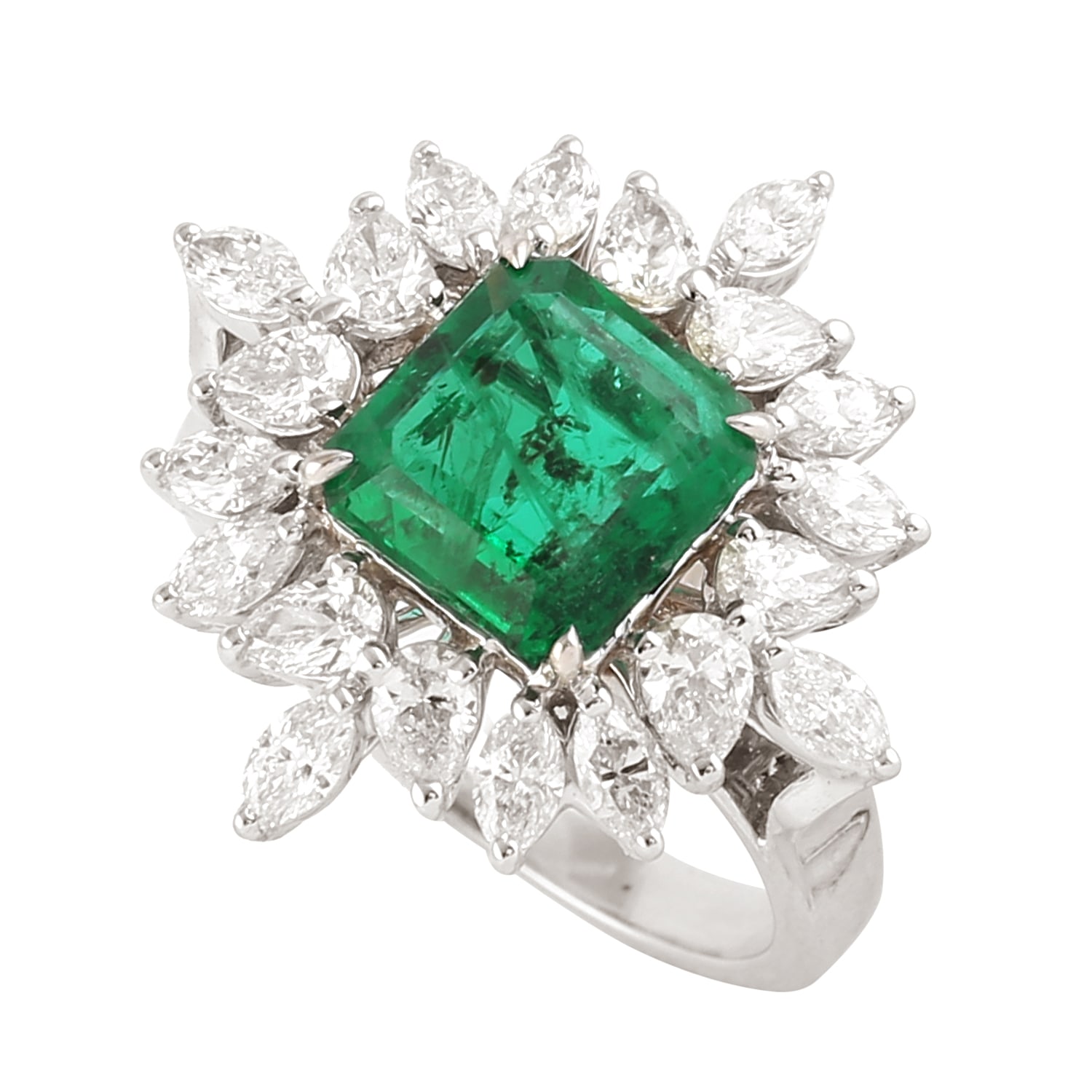 Women’s White / Green Princess Cut Emerald & Marquise Cut Diamond In 18K White Gold Antique Cocktail Ring Artisan