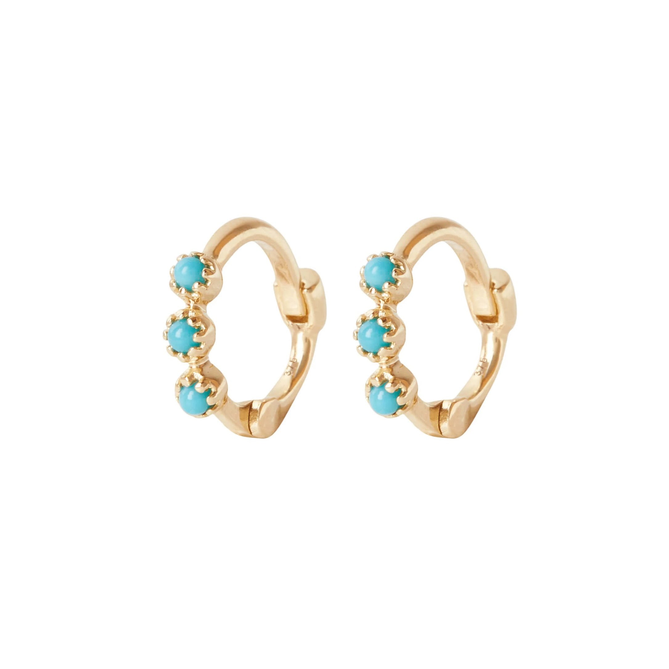 Zohreh Women's Gold / Blue Mini Turquoise Trilogy Huggie Hoop Earring Pair 9k Gold In Gold