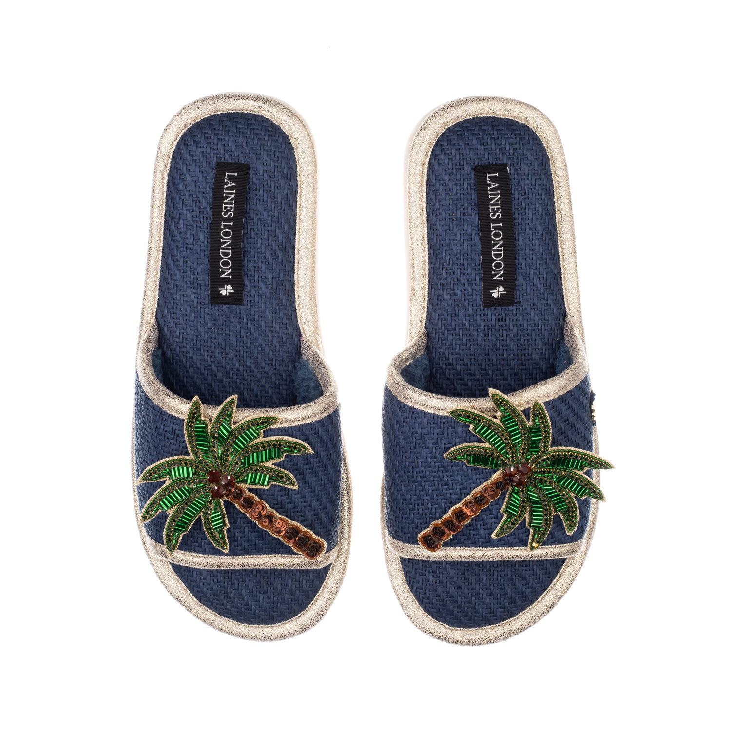 Women’s Blue Straw Braided Sandals With Handmade Double Palm Tree Brooches - Navy Medium Laines London